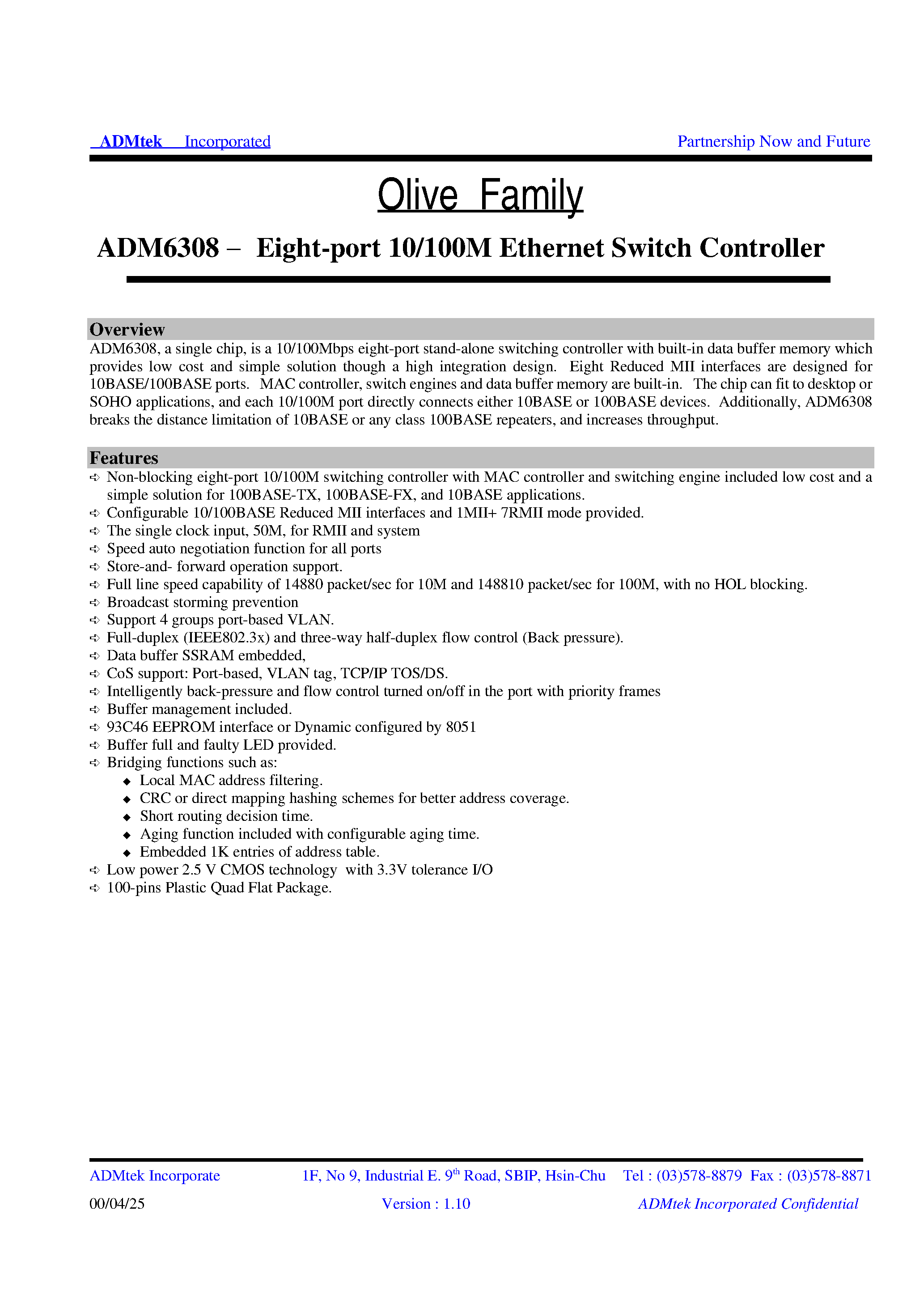 Datasheet ADM6308 - Eight-port 10/100M Ethernet Switch Controller page 1