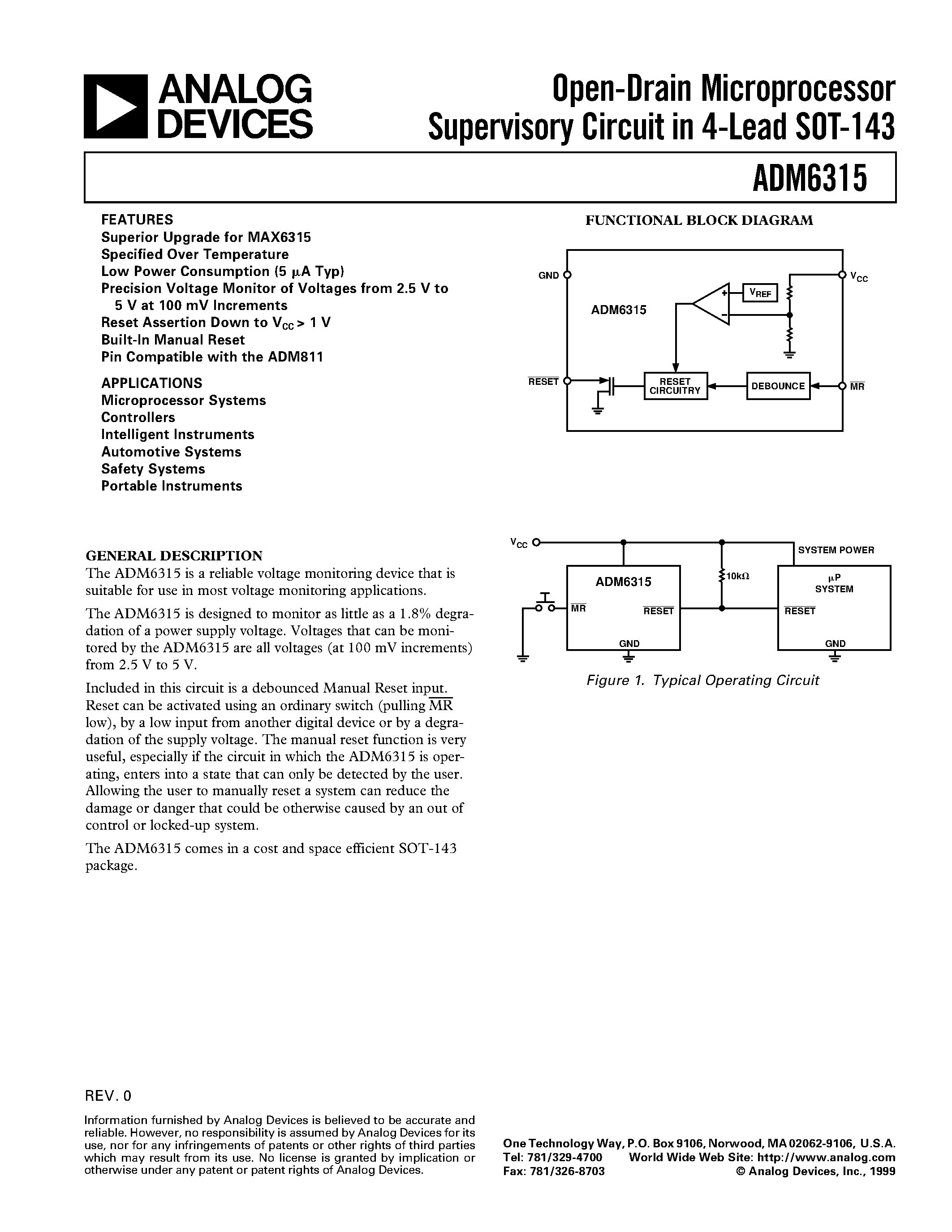 Datasheet ADM6315 - Open-Drain Microprocessor Supervisory Circuit in 4-Lead SOT-143 page 1