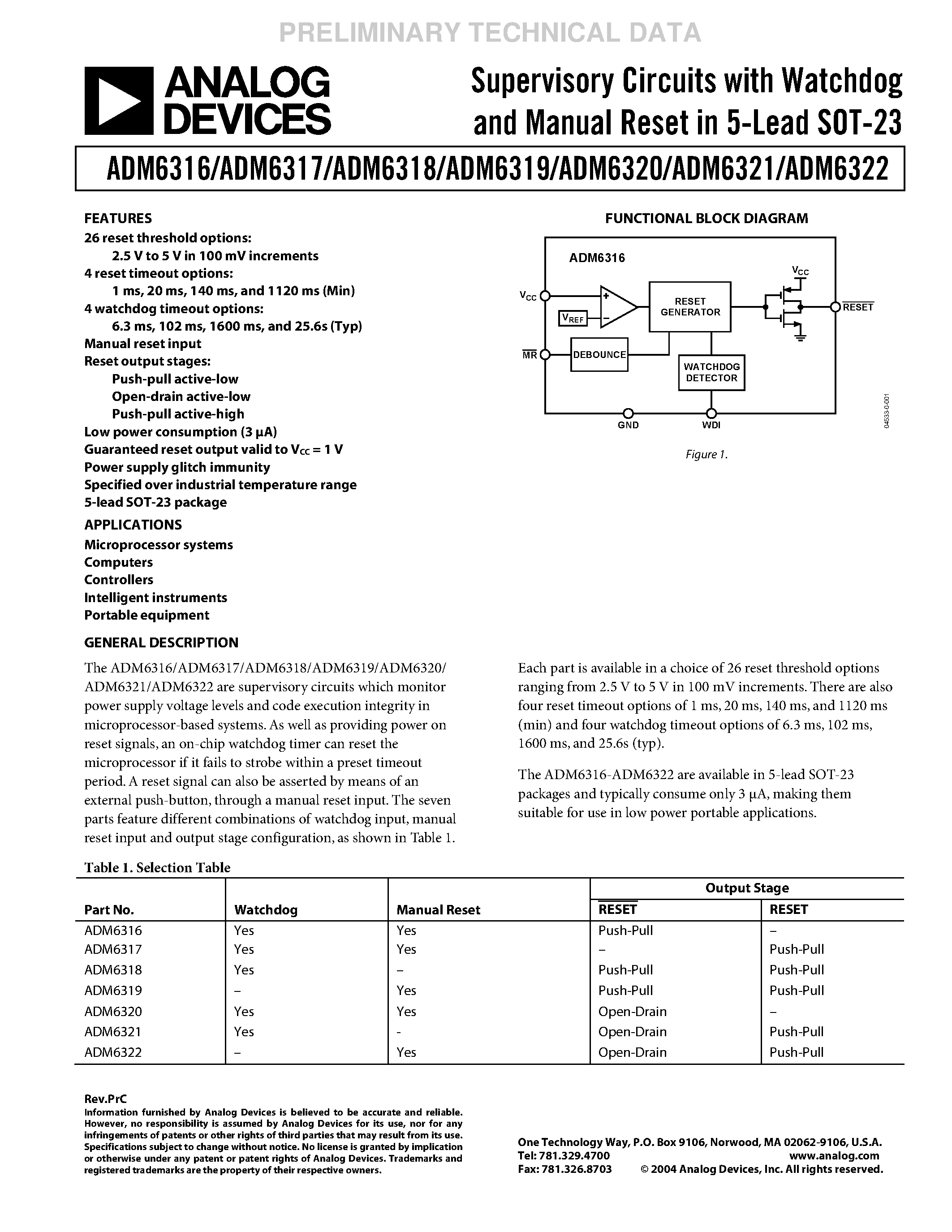 Datasheet ADM6322C46ARJ - Supervisory Circuits with Watchdog and Manual Reset in 5-Lead SOT-23 page 1