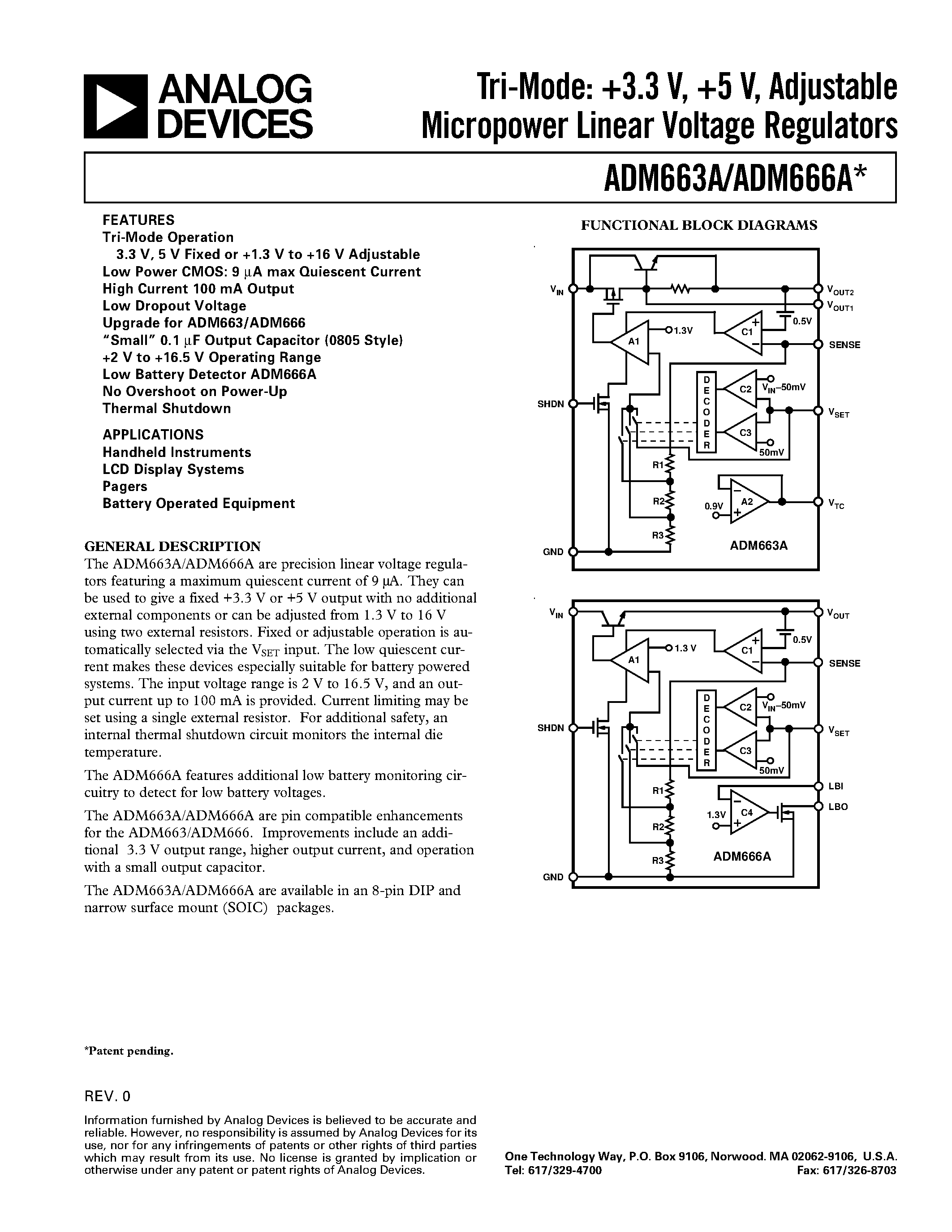 Datasheet ADM666AAN - Tri-Mode: +3.3 V/ +5 V/ Adjustable Micropower Linear Voltage Regulators page 1
