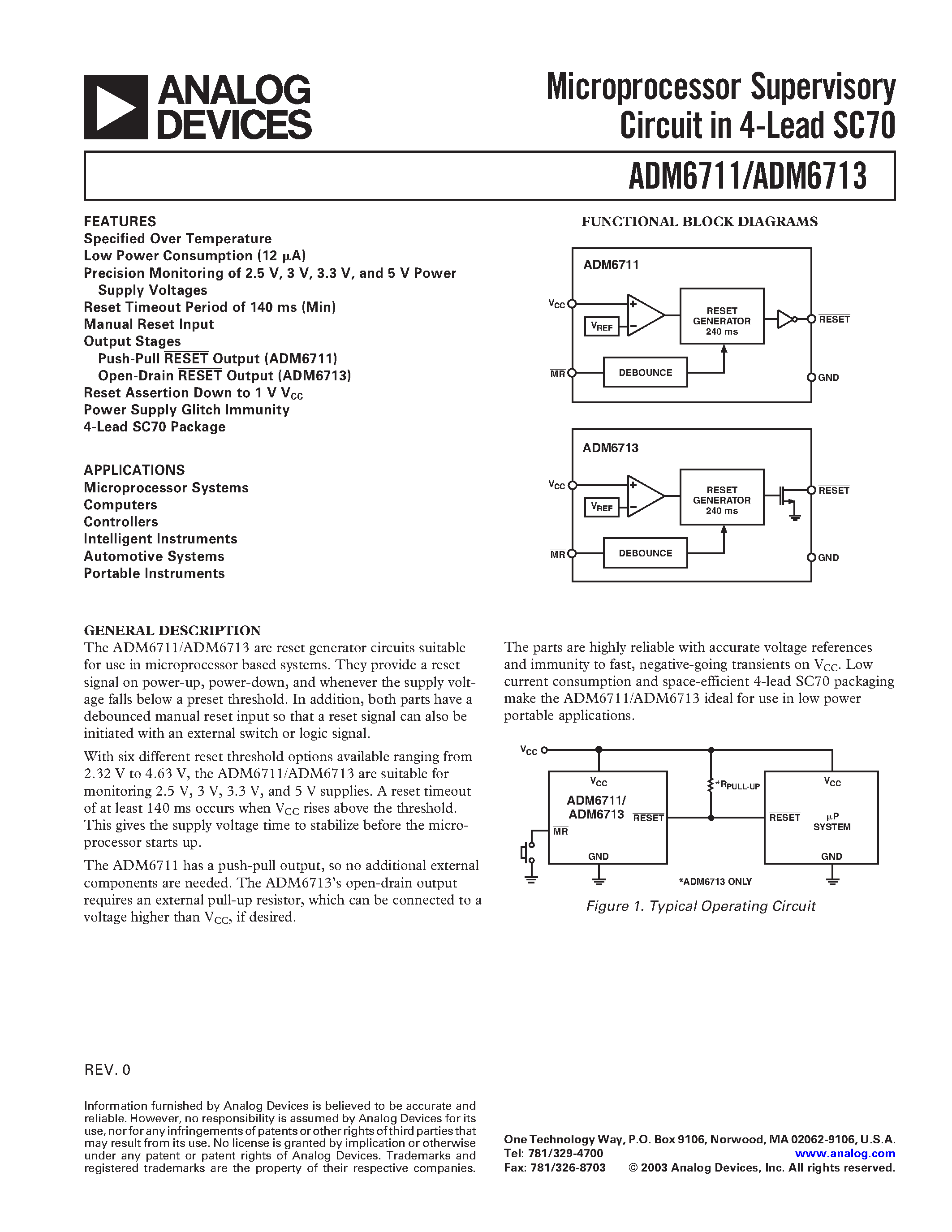 Datasheet ADM6713 - Microprocessor Supervisory Circuit in 4-Lead SC70 page 1