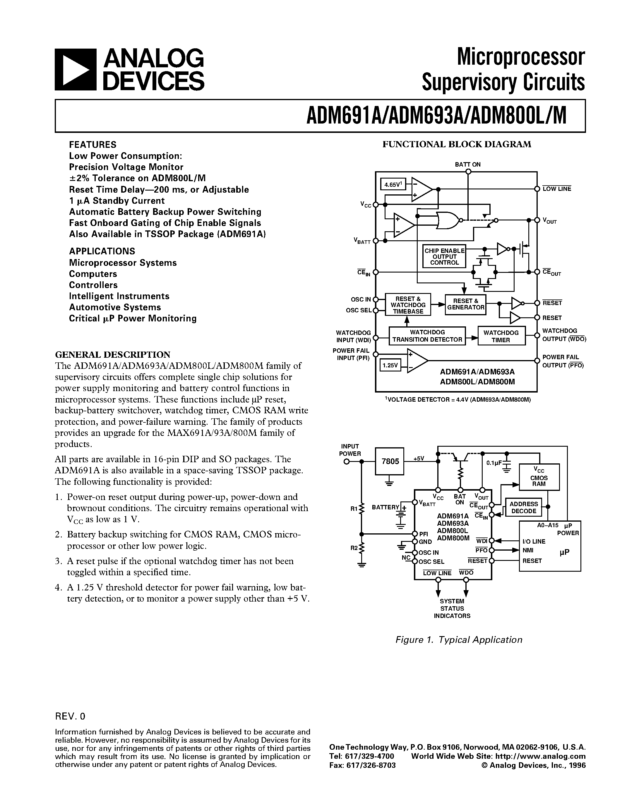 Даташит ADM693AAN - Microprocessor Supervisory Circuits страница 1