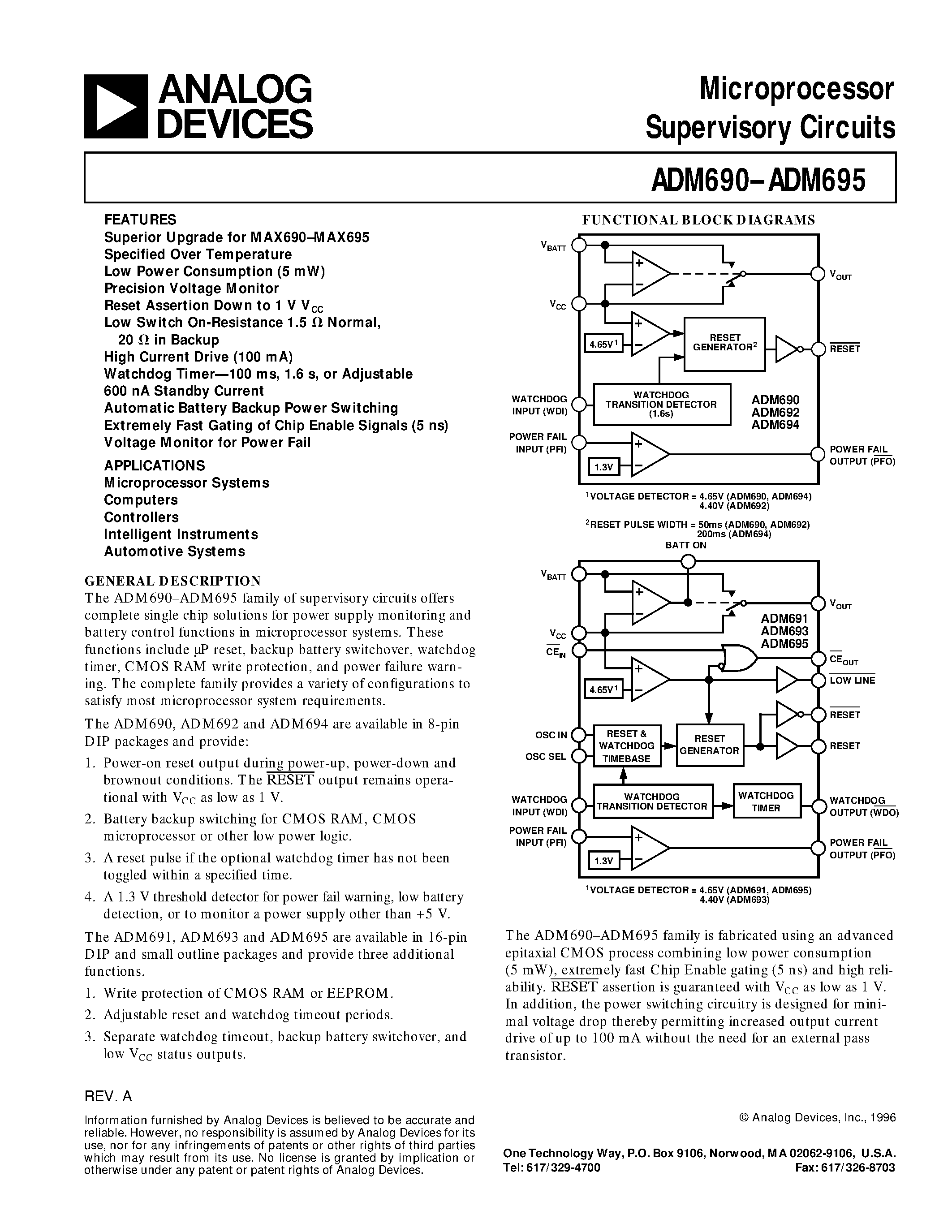 Даташит ADM695 - Microprocessor Supervisory Circuits страница 1