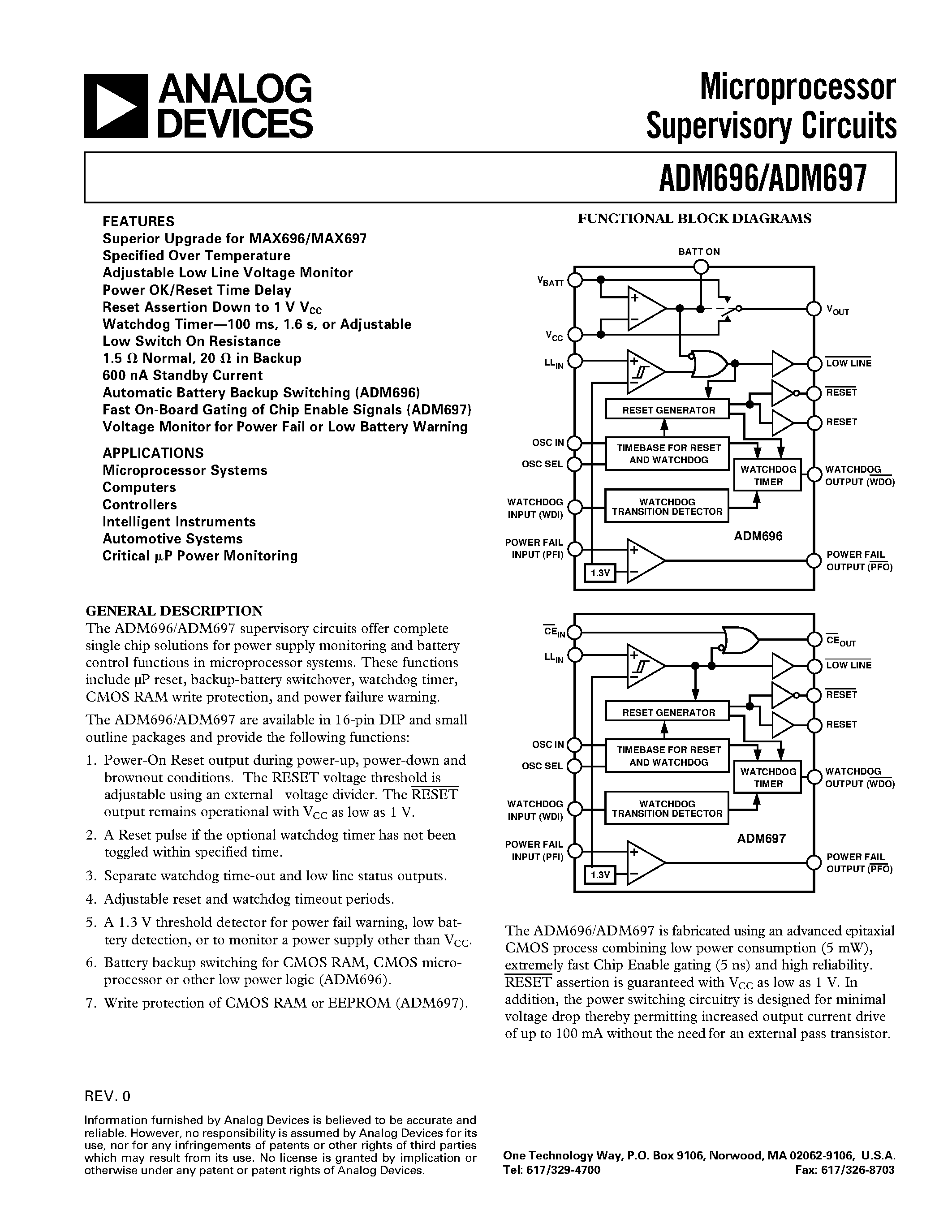 Даташит ADM696AN - Microprocessor Supervisory Circuits страница 1