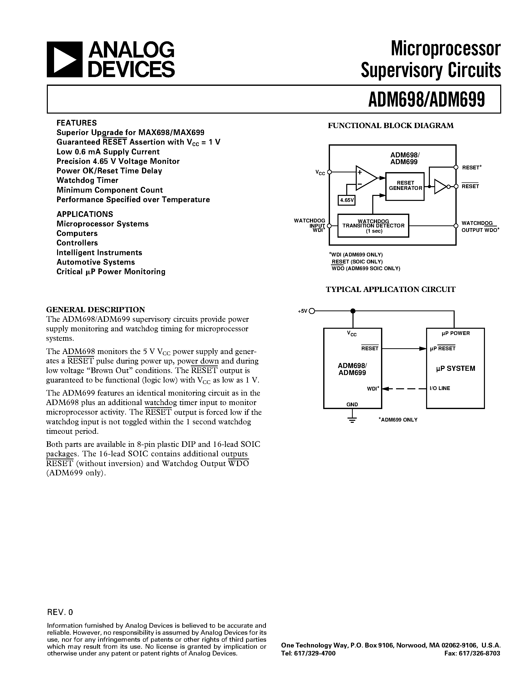 Даташит ADM698AQ - Microprocessor Supervisory Circuits страница 1