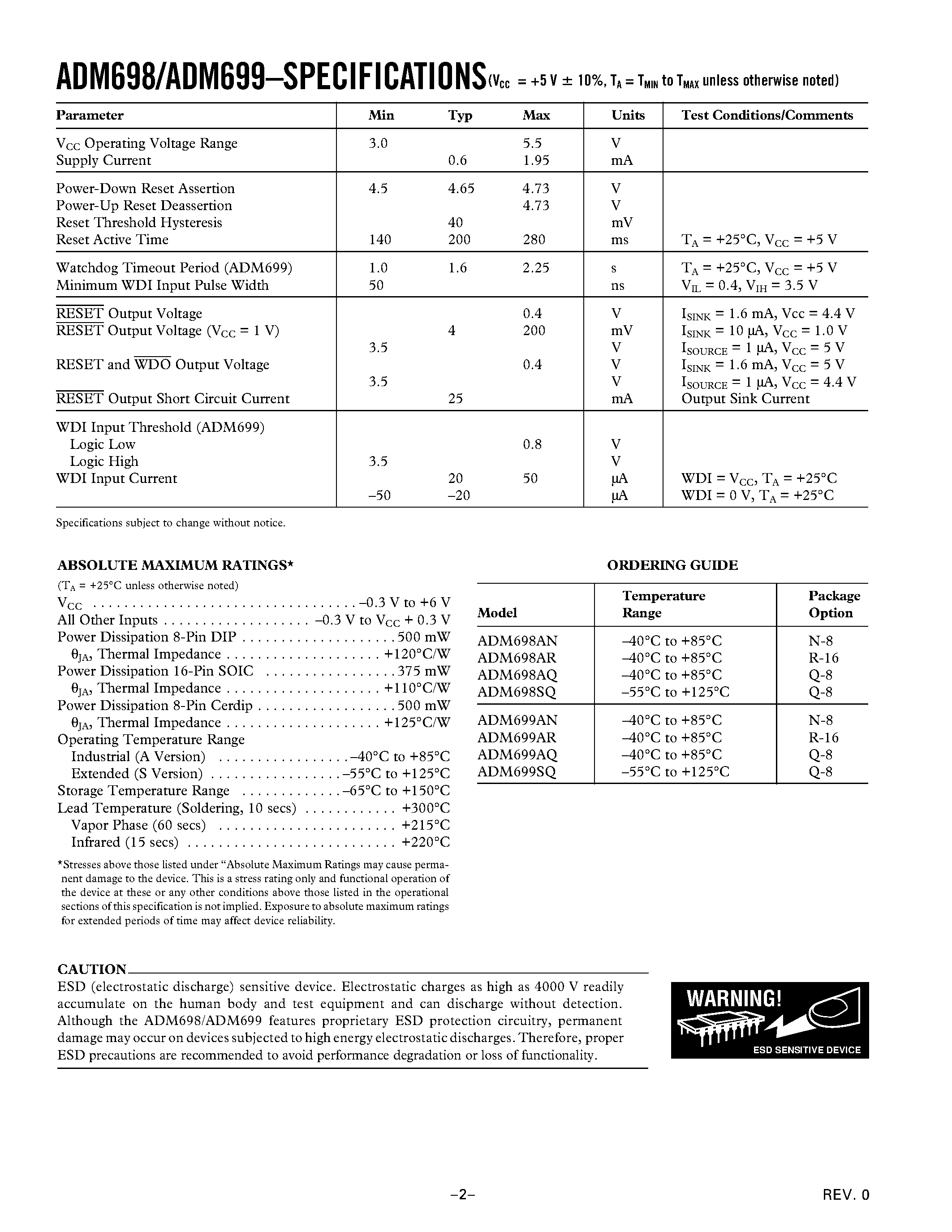Даташит ADM699SQ - Microprocessor Supervisory Circuits страница 2