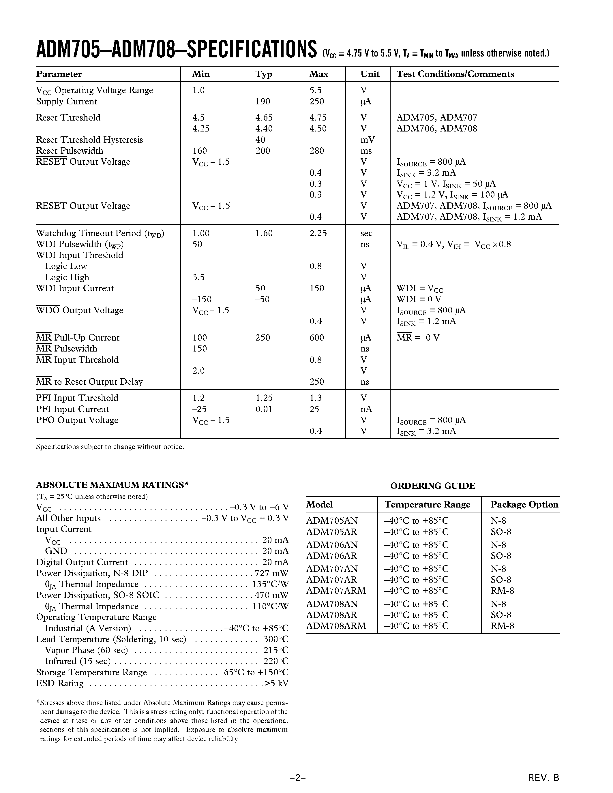 Даташит ADM706 - +3 V/ Voltage Monitoring uP Supervisory Circuits страница 2