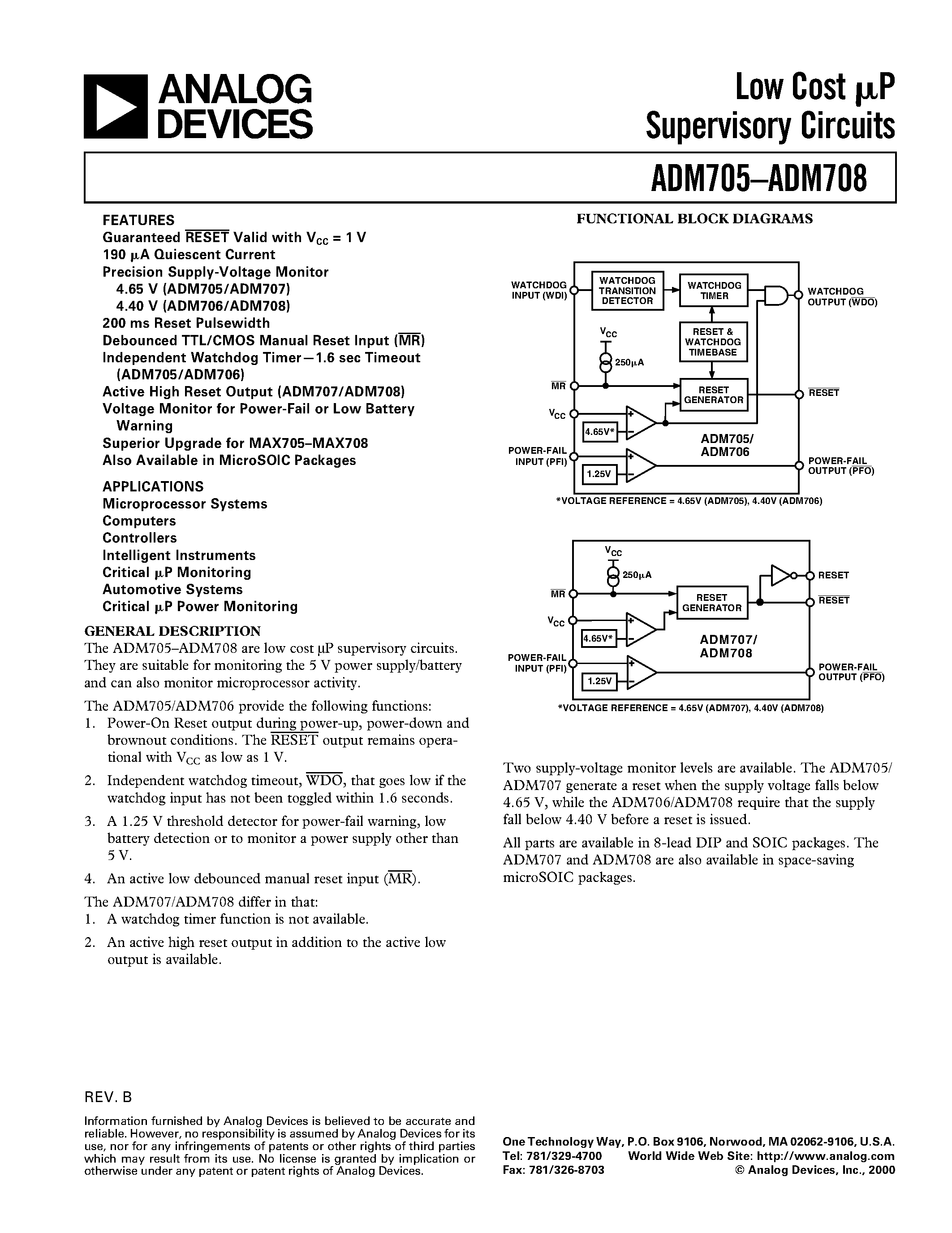 Даташит ADM707AN - Low Cost uP Supervisory Circuits страница 1