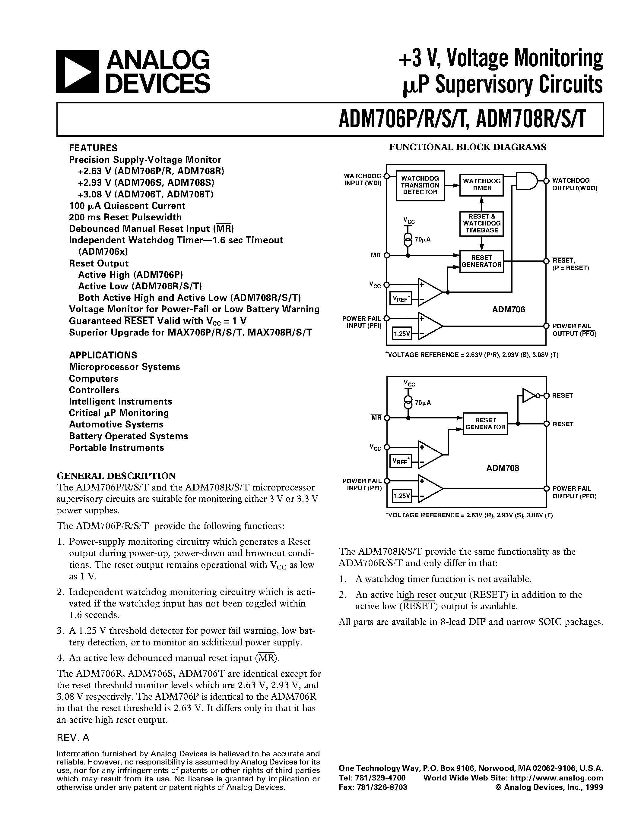 Даташит ADM708RAN - +3 V/ Voltage Monitoring uP Supervisory Circuits страница 1