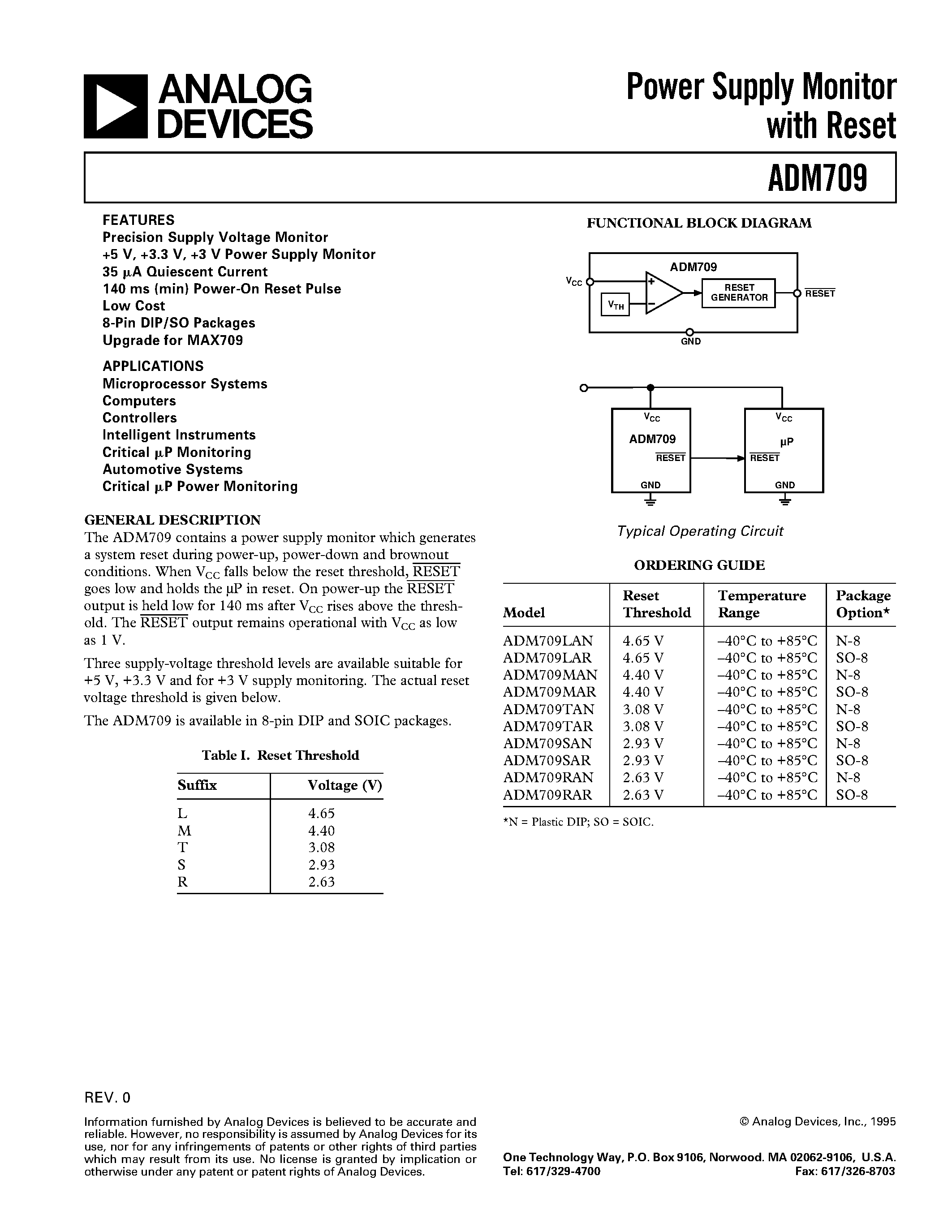 Даташит ADM709MAR - Power Supply Monitor with Reset страница 1