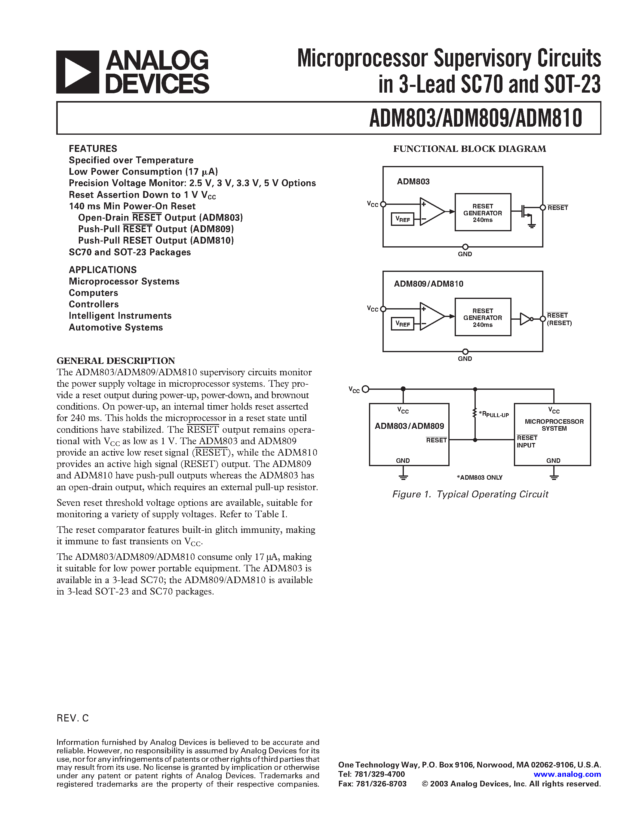 Даташит ADM803SAKS-REEL - Microprocessor Supervisory Circuits in 3-Lead SC70 and SOT-23 страница 1