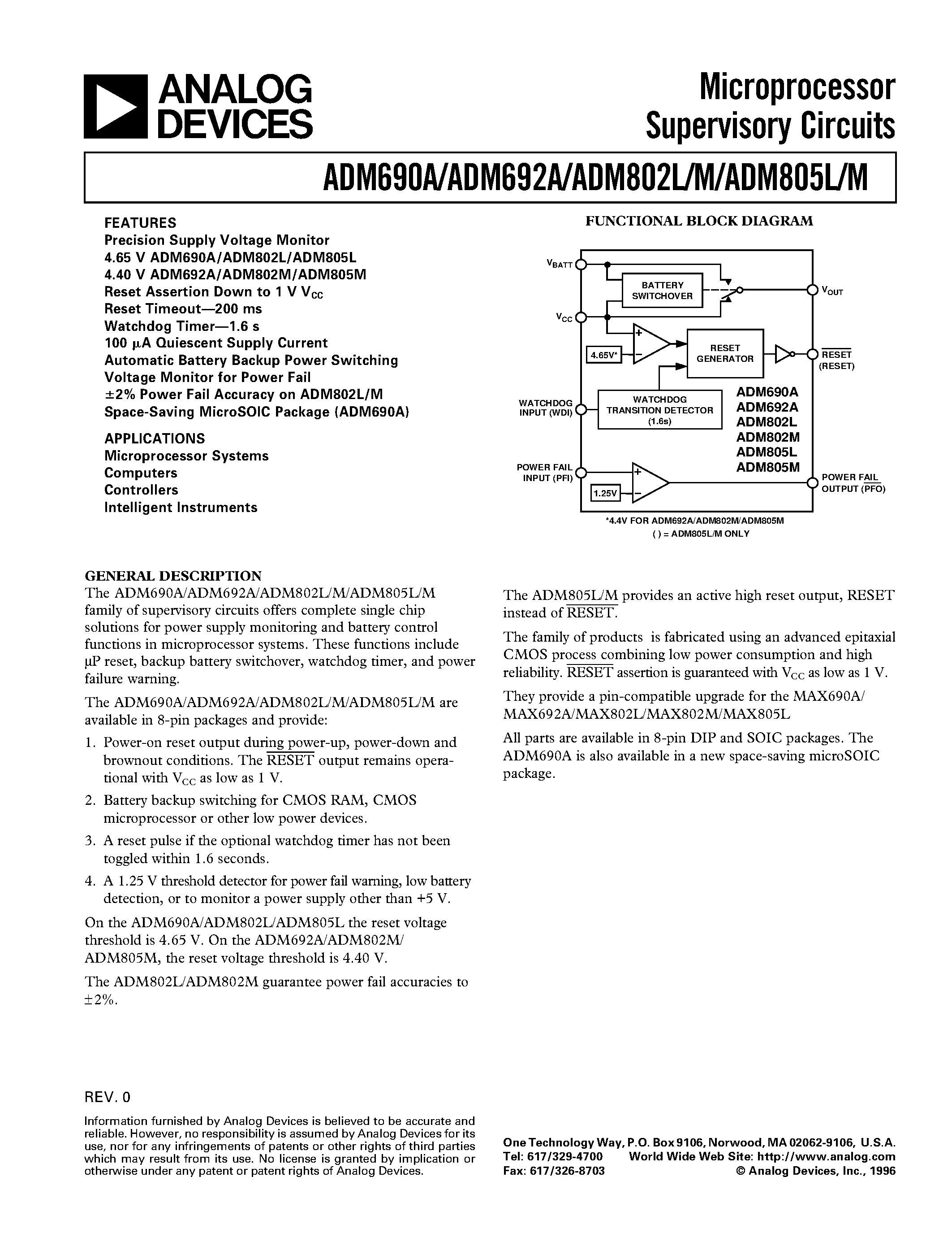 Даташит ADM805L - Microprocessor Supervisory Circuits страница 1