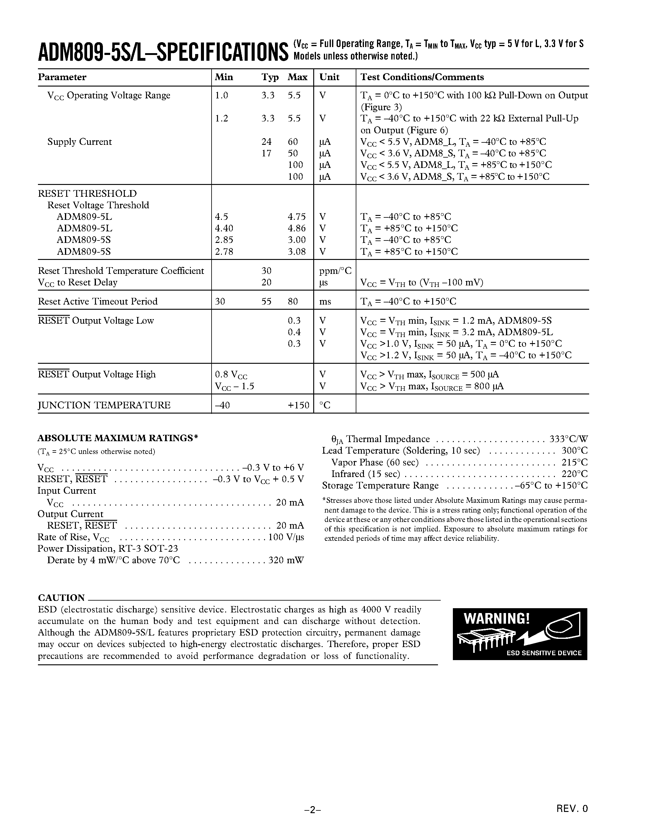 Datasheet ADM809-5LART-REEL page 2 Datasheet ADM809-5LART-REEL - Microprocessor Supervisory Circuit page 2
