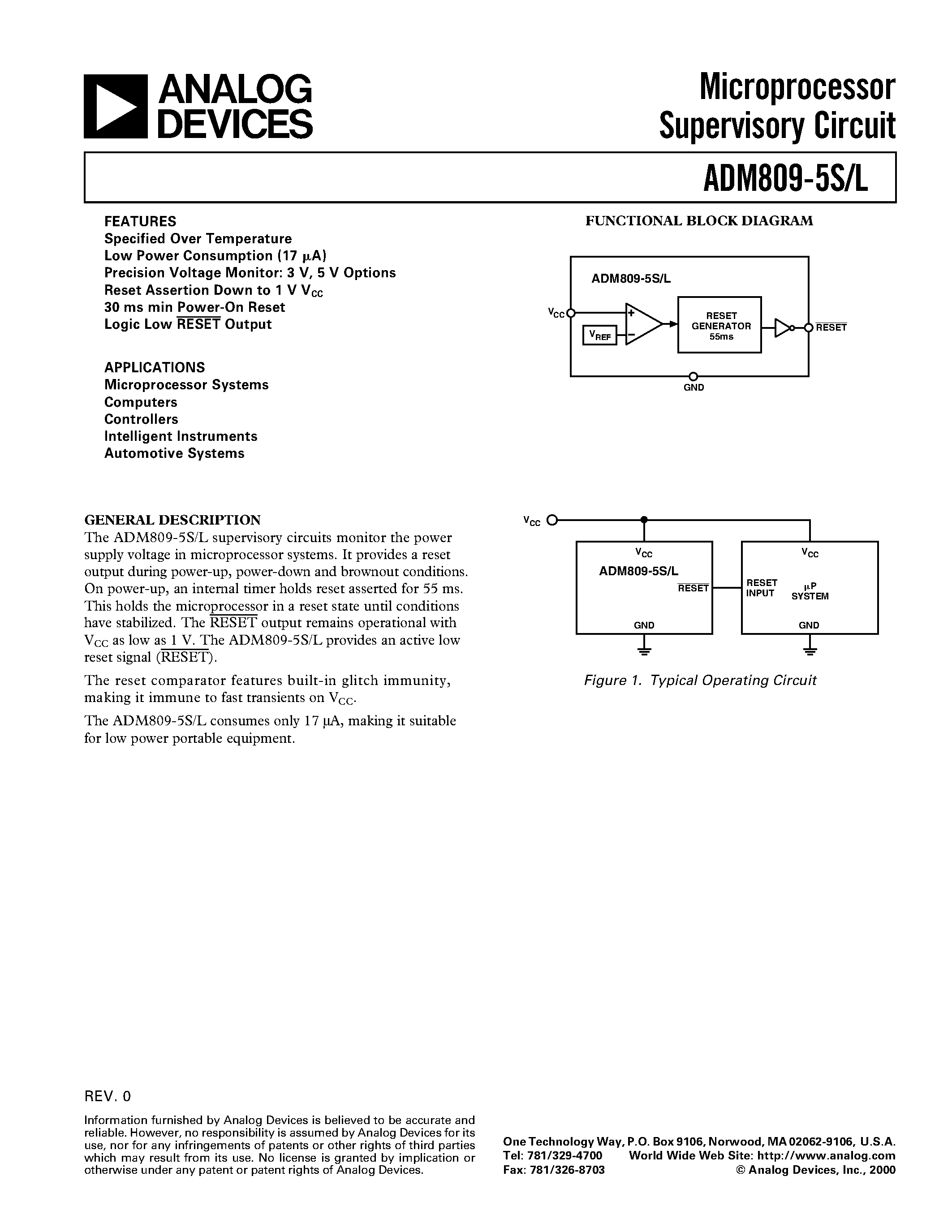 Datasheet ADM809-5SCHIPS - Microprocessor Supervisory Circuit page 1