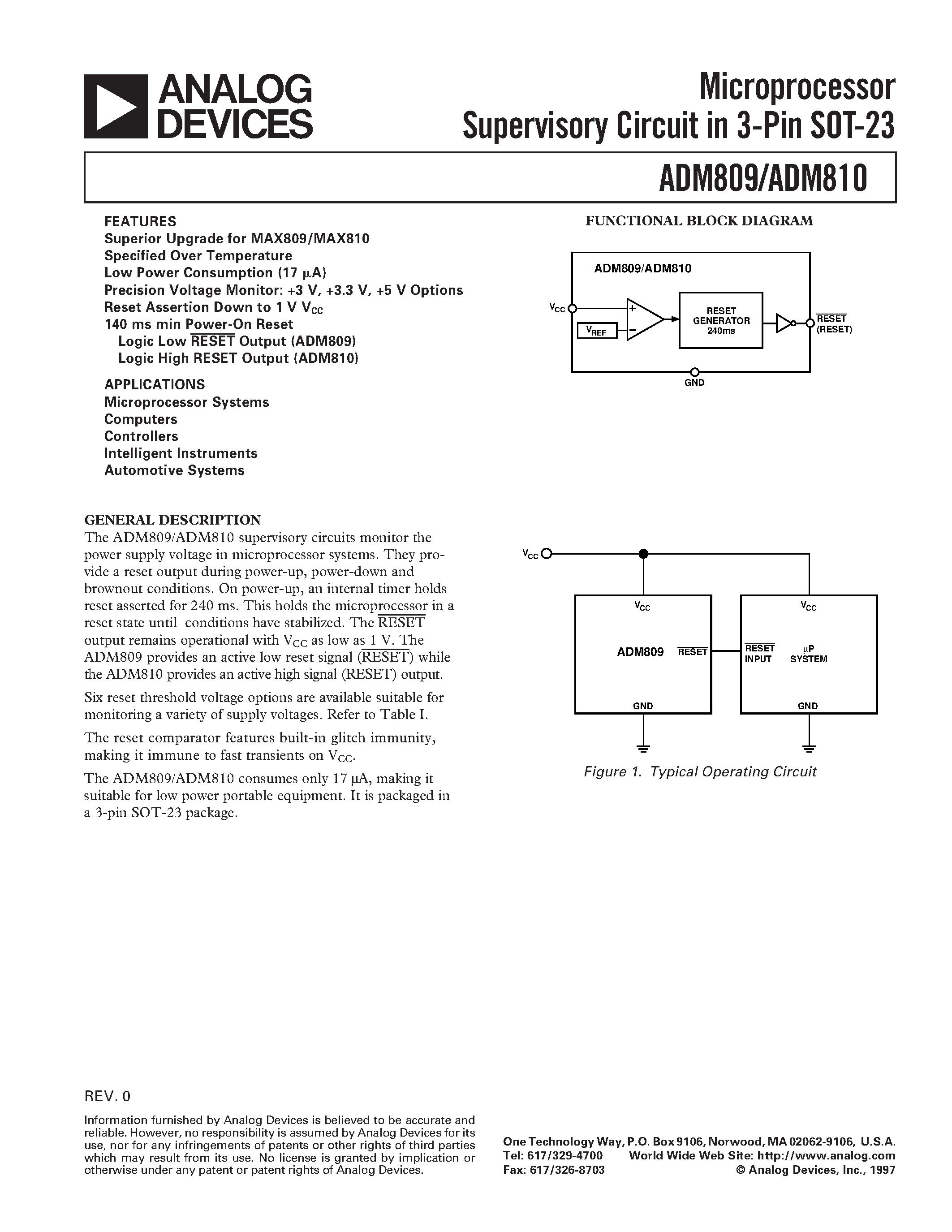 Даташит на микросхему ADM809LART страница 1 Даташит ADM809LART - Microprocessor Supervisory Circuit in 3-Pin SOT-23 страница 1