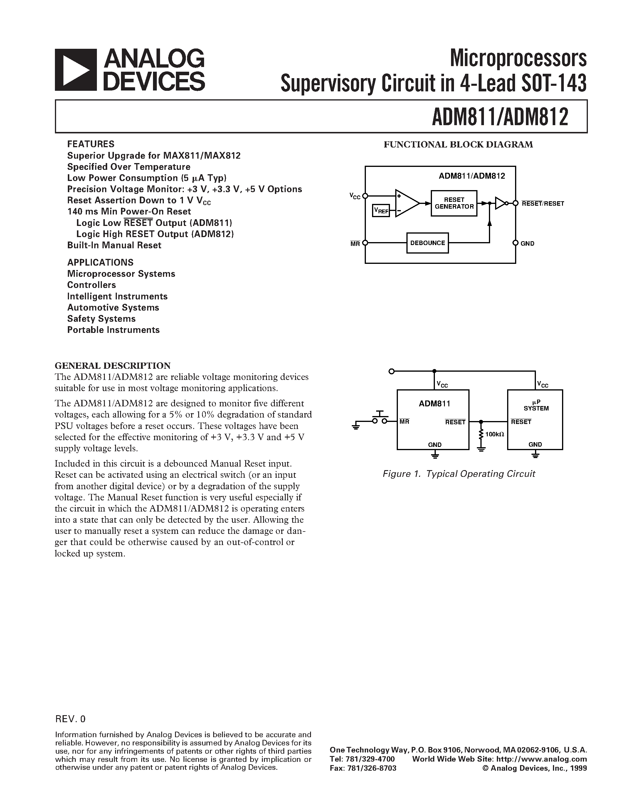 Datasheet ADM812RART-REEL - Microprocessors Supervisory Circuit in 4-Lead SOT-143 page 1