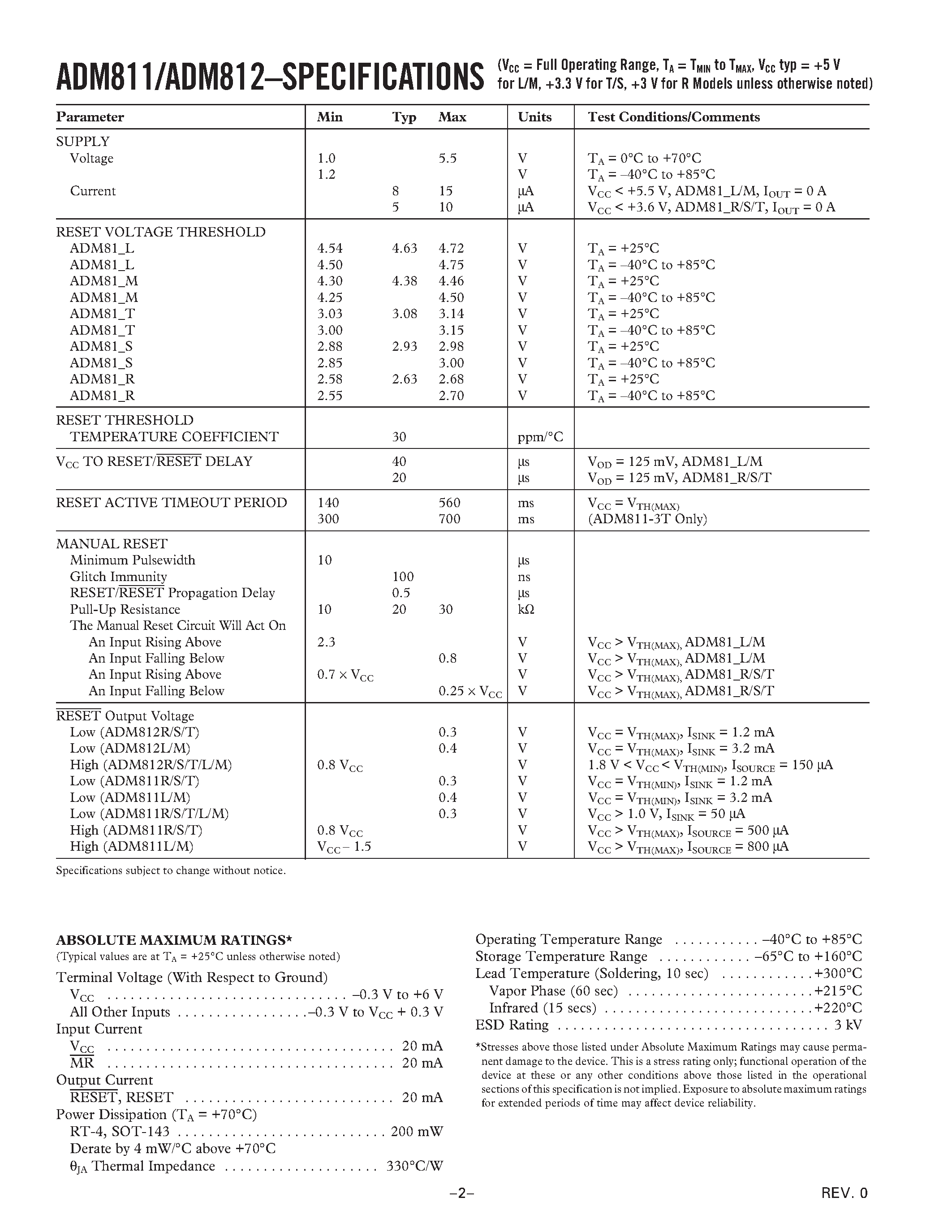 Datasheet ADM812RART-REEL - Microprocessors Supervisory Circuit in 4-Lead SOT-143 page 2