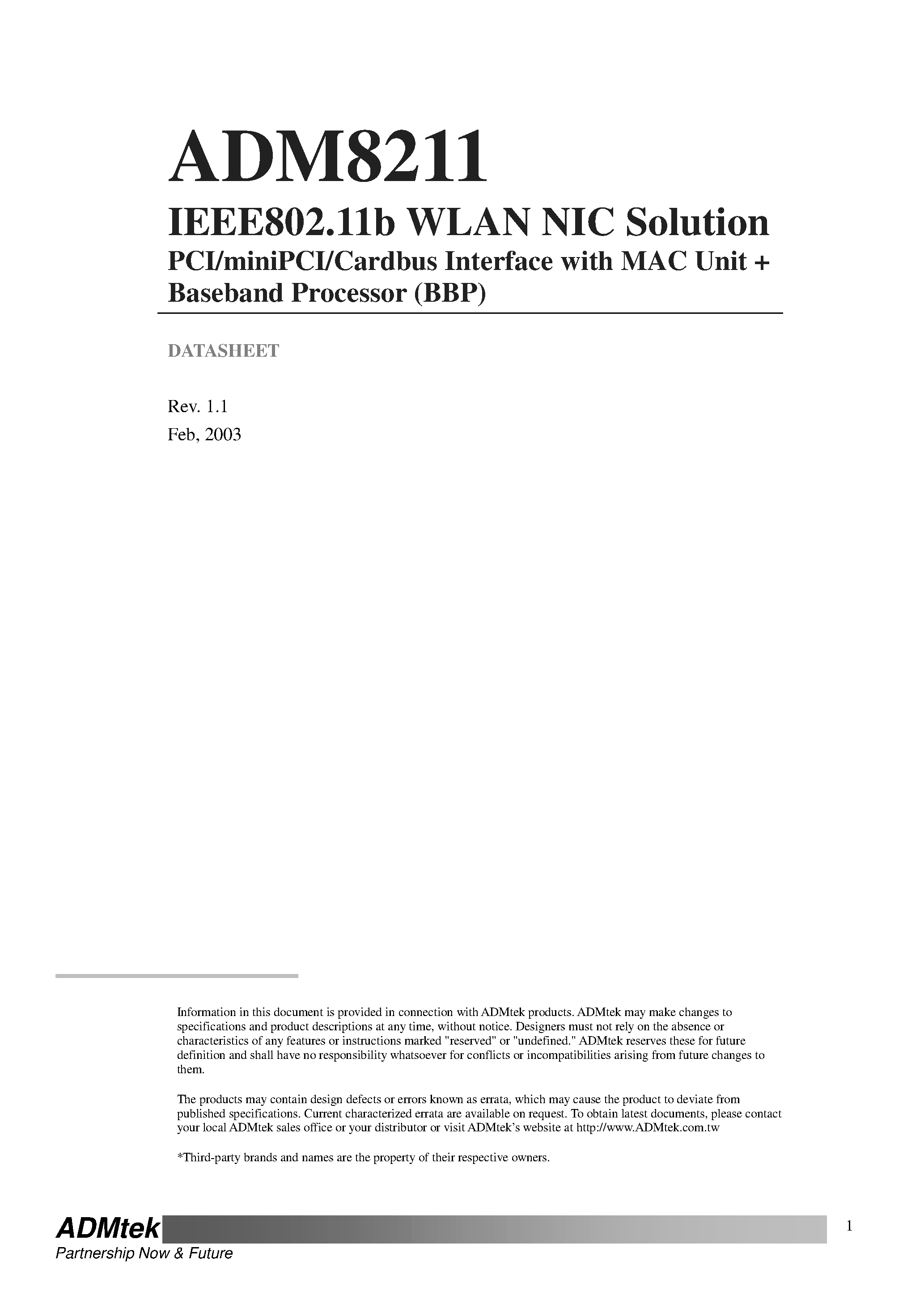 Datasheet ADM8211 - IEEE802.11b WLAN NIC Solution page 1