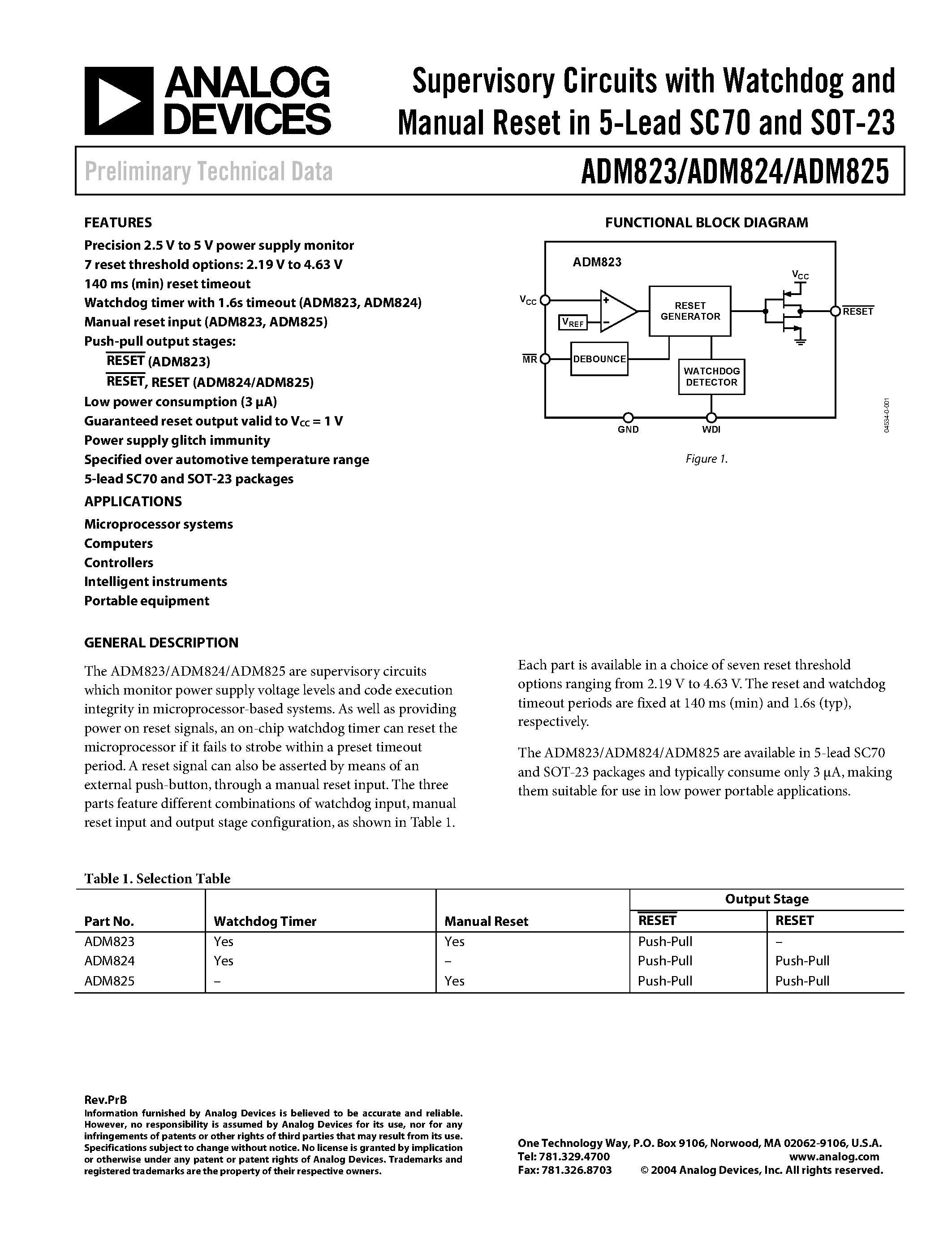 Datasheet ADM825MYRT-R7 - Supervisory Circuits with Watchdog and Manual Reset in 5-Lead SC70 and SOT-23 page 1