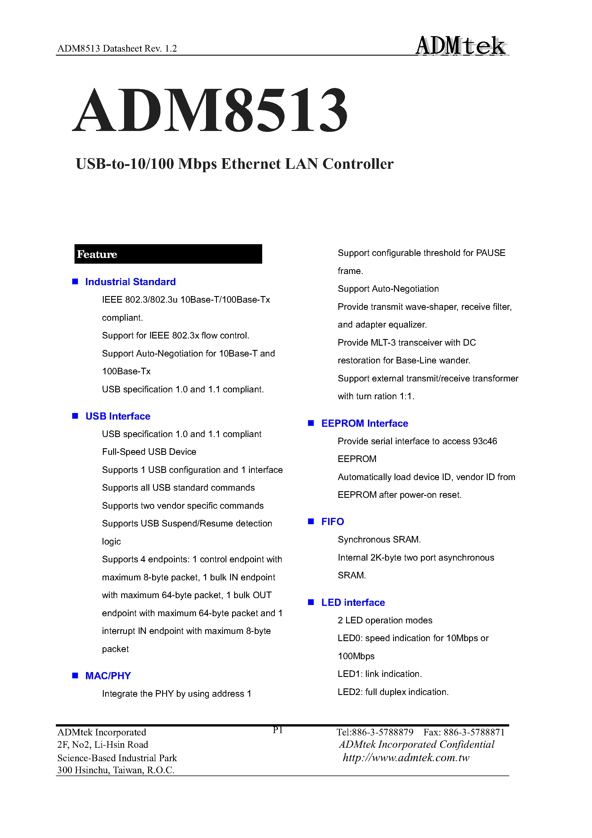 Datasheet ADM8513 - USB TO 10/100 MBPS ETHERNET LAN CONTROLLER page 1