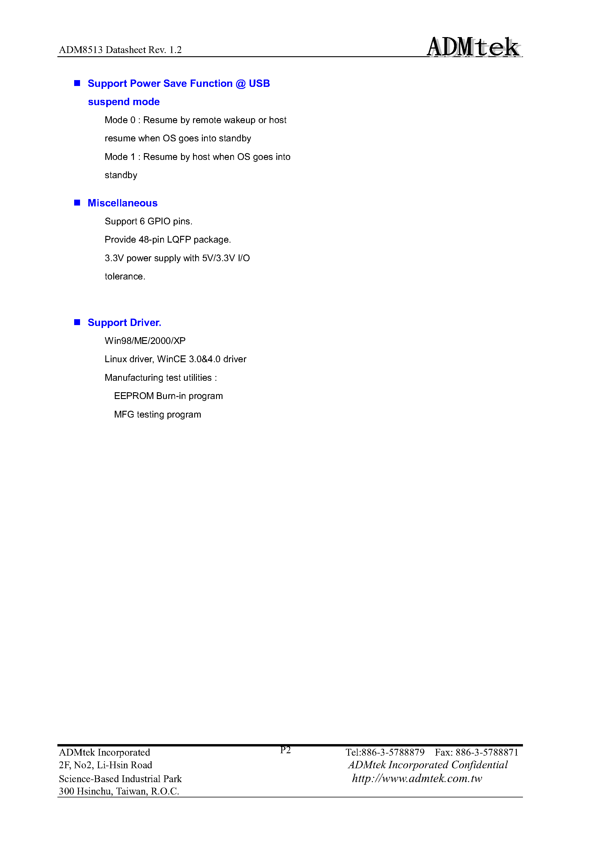 Datasheet ADM8513 - USB TO 10/100 MBPS ETHERNET LAN CONTROLLER page 2