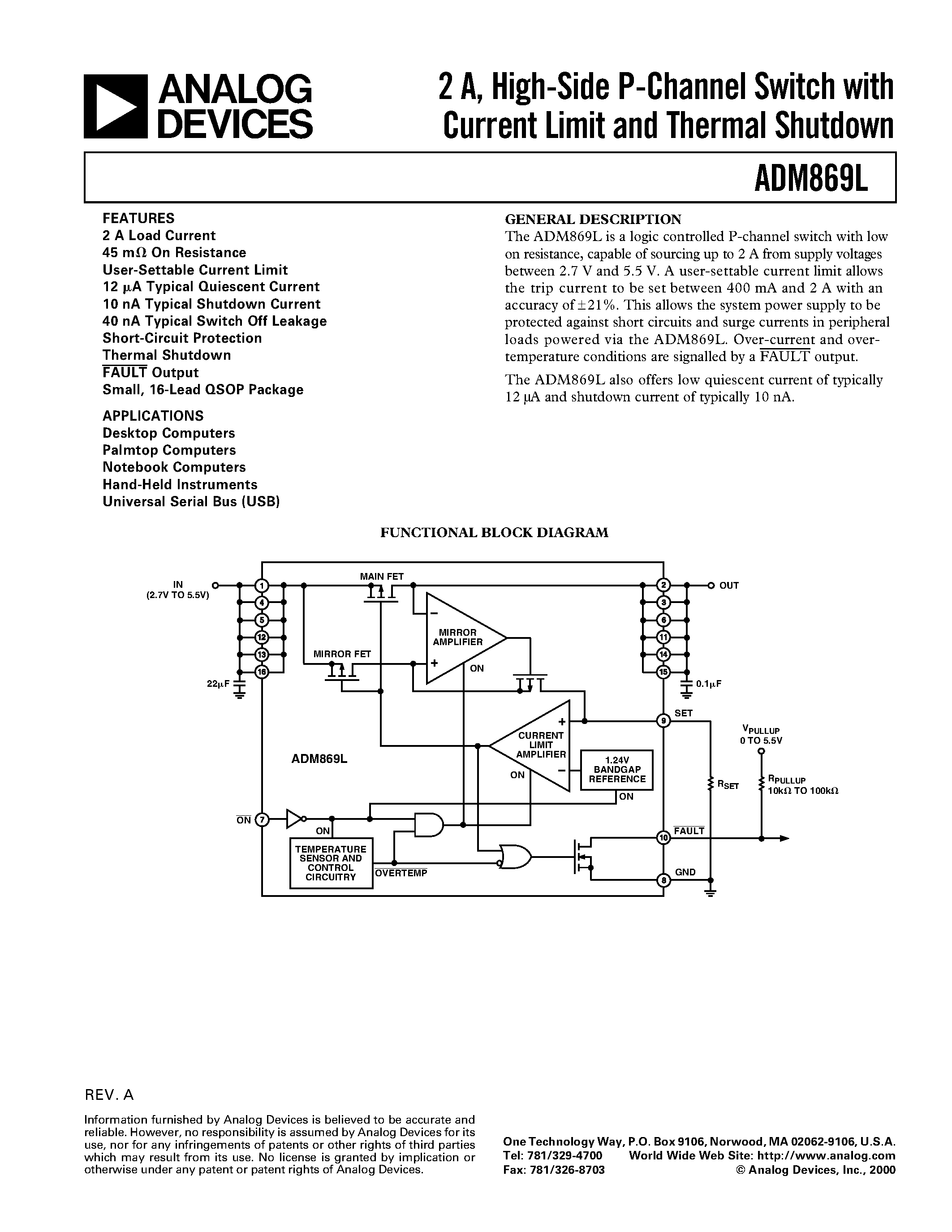 Datasheet ADM869LARQ - 2 A/ High-Side P-Channel Switch with Current Limit and Thermal Shutdown page 1