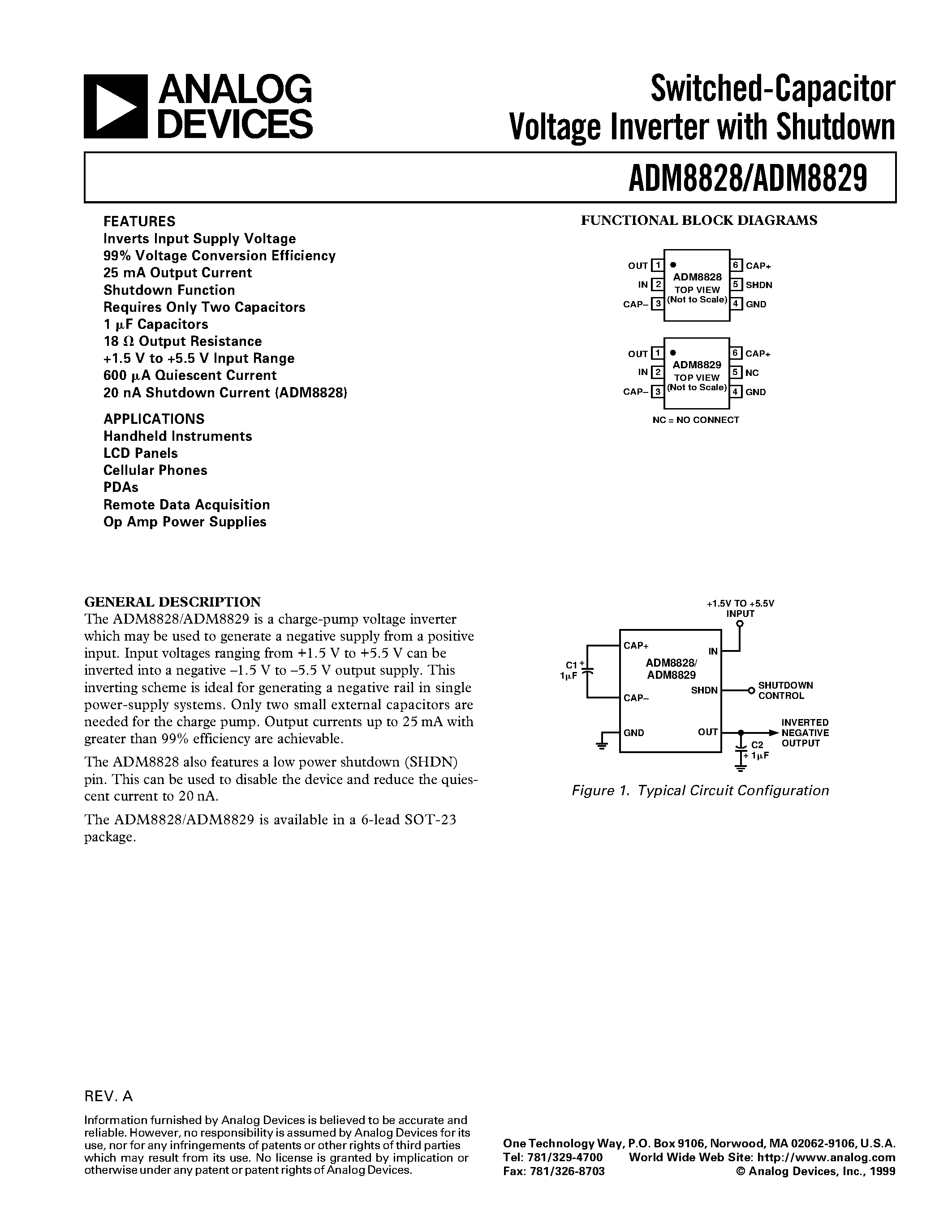 Даташит ADM8828 - Switched-Capacitor Voltage Inverter with Shutdown страница 1