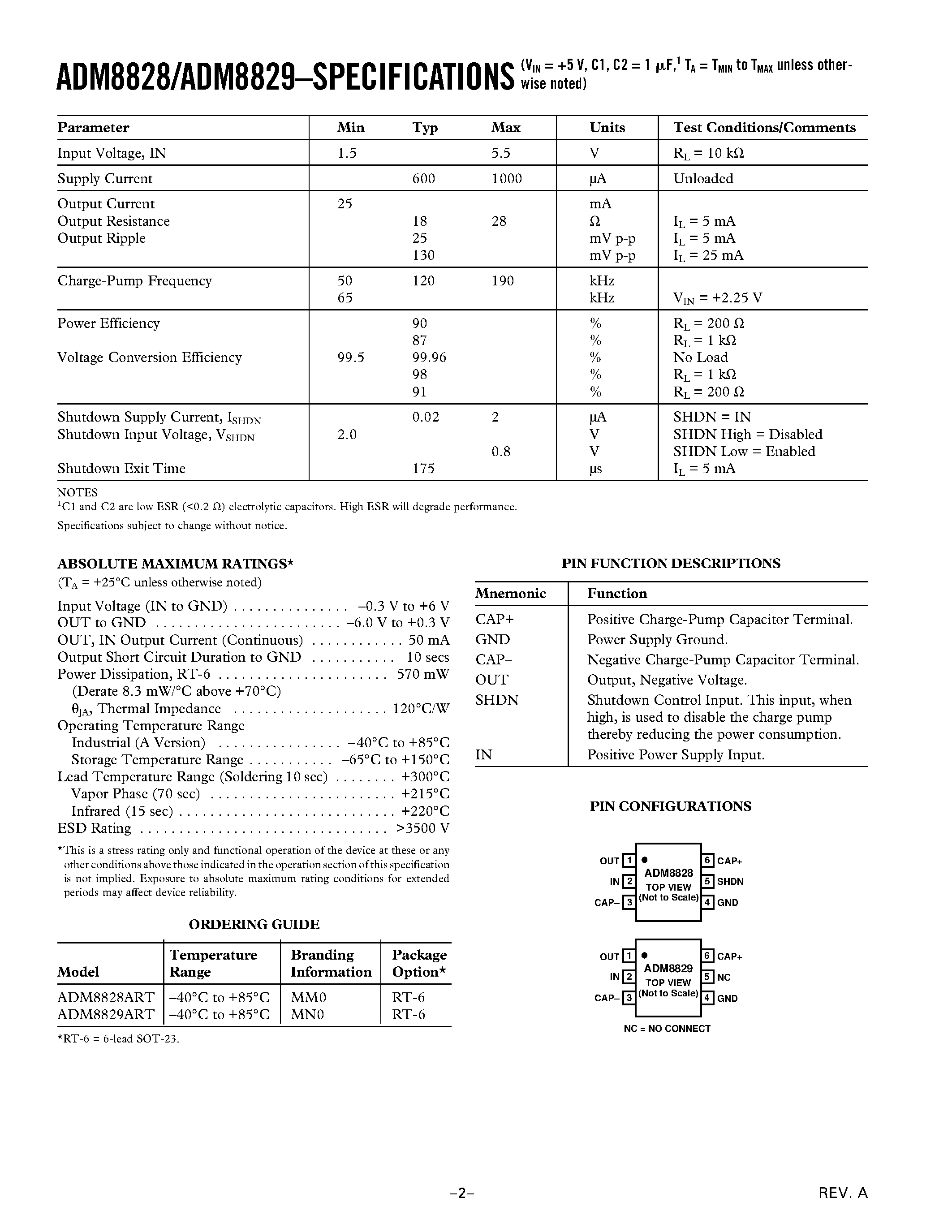 Даташит ADM8829ART - Switched-Capacitor Voltage Inverter with Shutdown страница 2