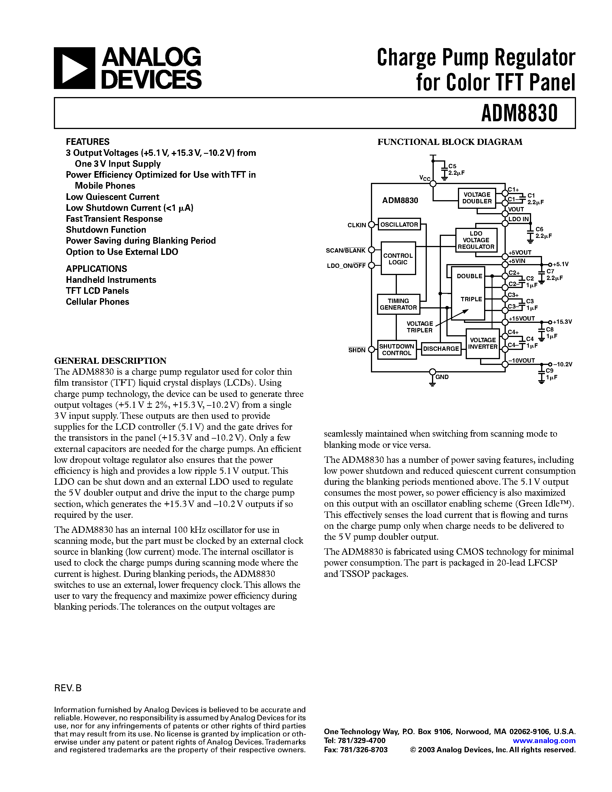 Datasheet ADM8830 - Charge Pump Regulator for Color TFT Panel page 1