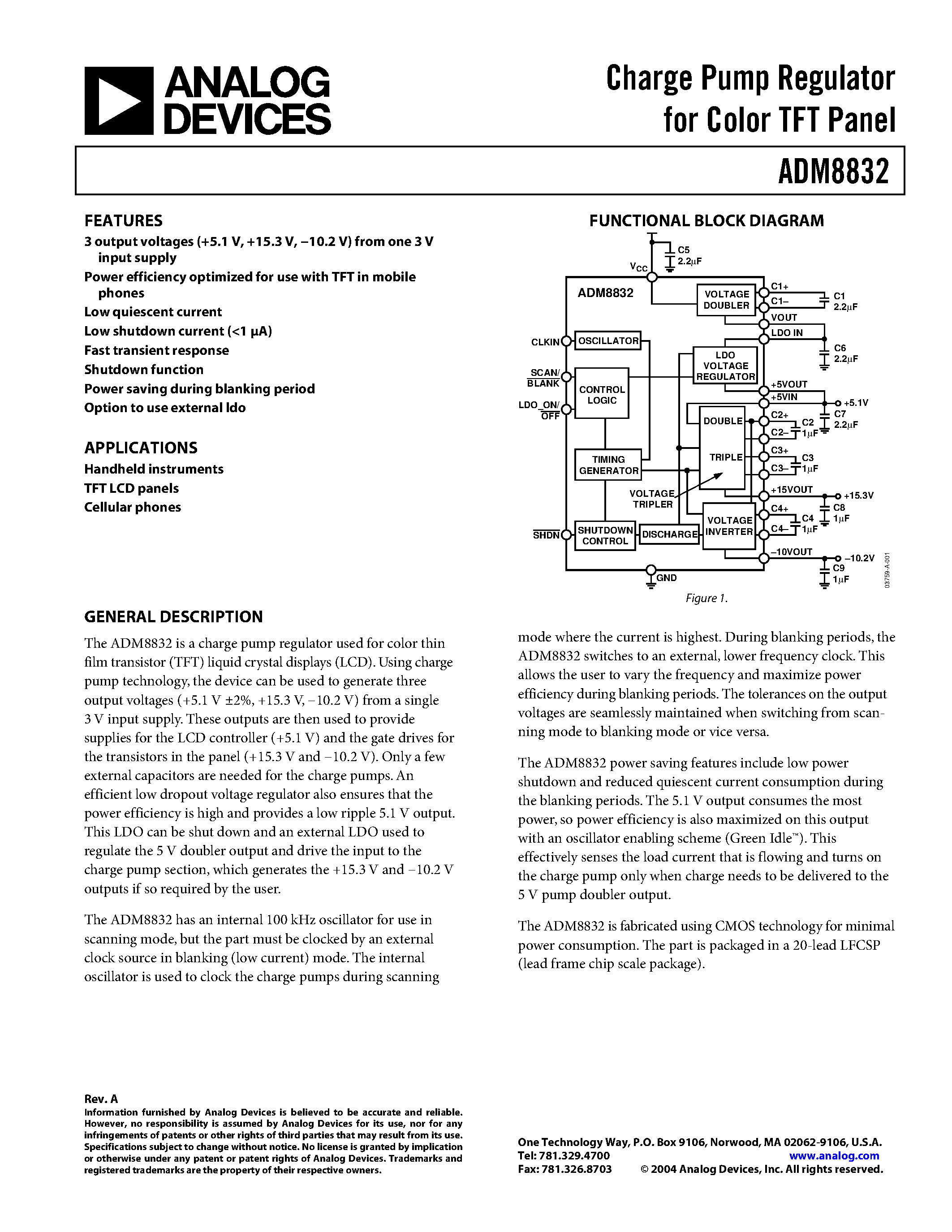 Datasheet ADM8832ACP - Charge Pump Regulator for Color TFT Panel page 1