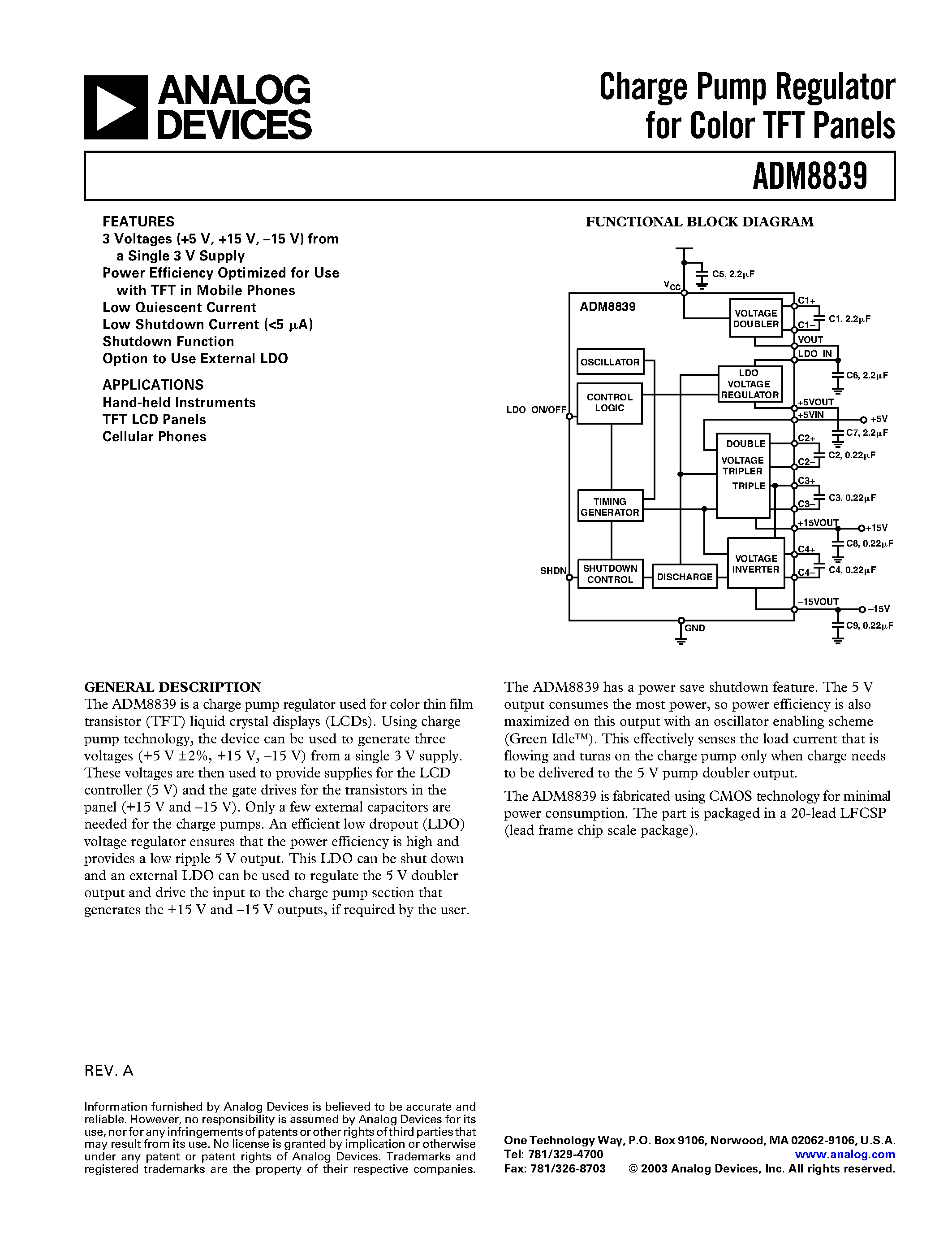 Datasheet ADM8839 - Charge Pump Regulator for Color TFT Panels page 1