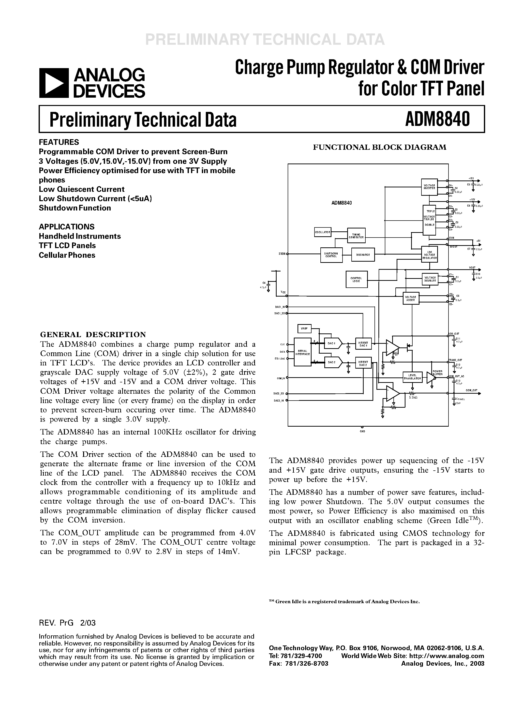 Datasheet ADM8840ACP - Charge Pump Regulator & COM Driver for Color TFT Panel page 1