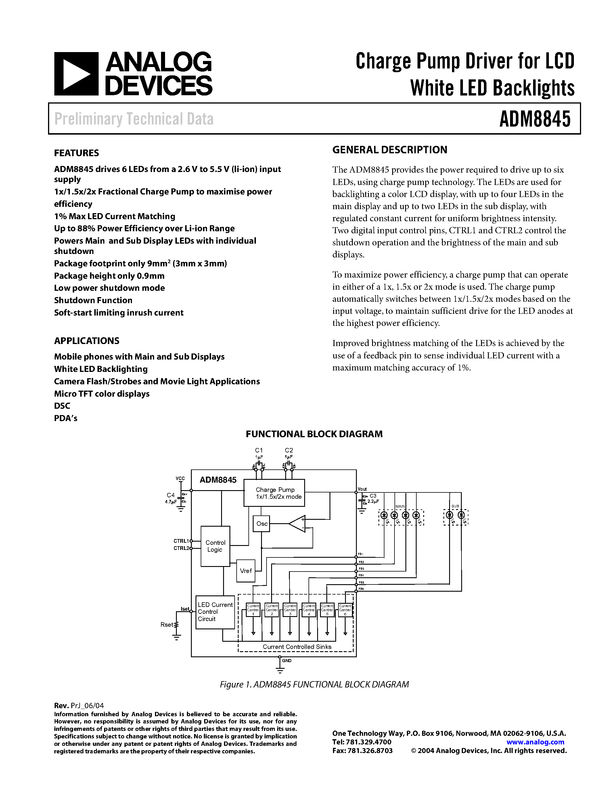 Datasheet ADM8845ACP-REEL7 - Charge Pump Driver for LCD White LED Backlights page 1