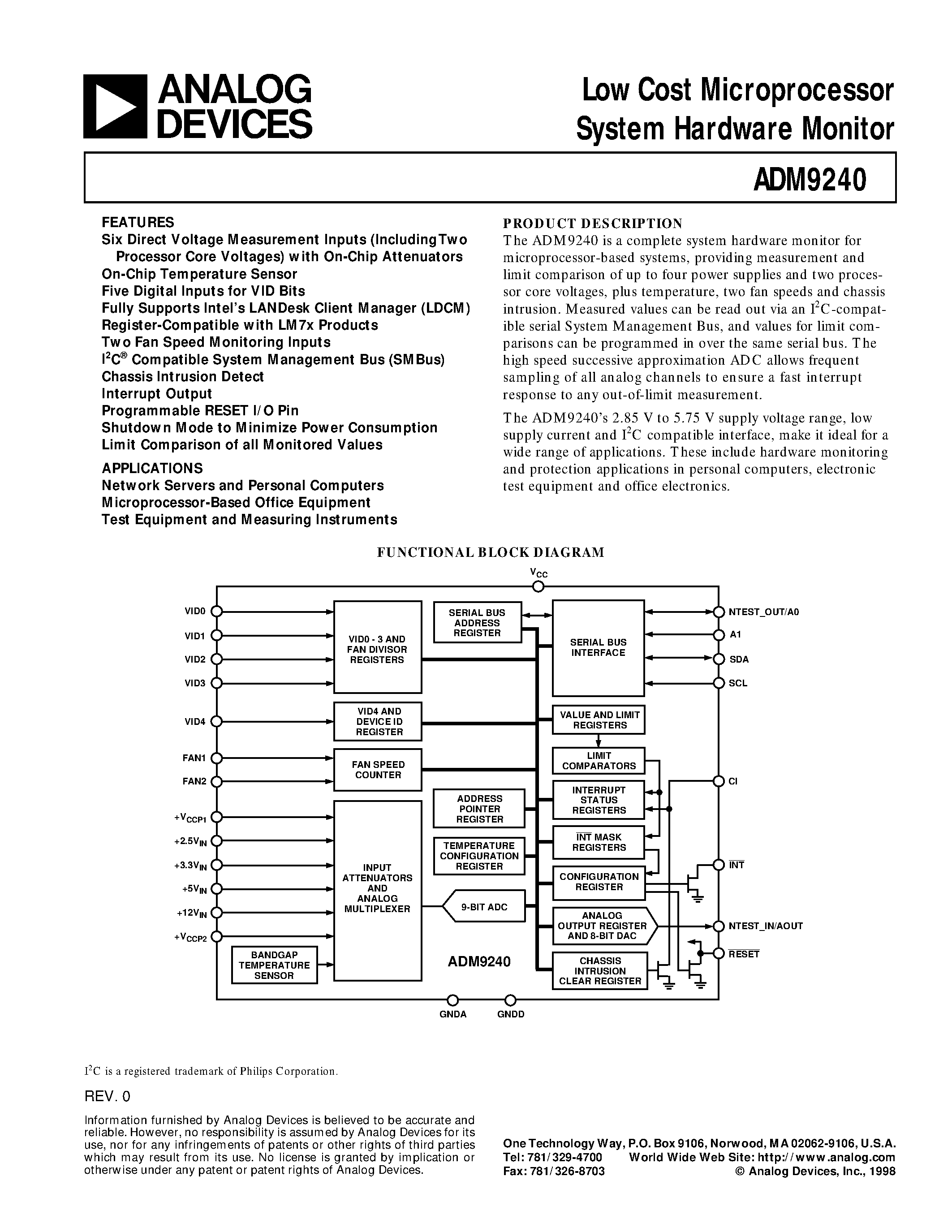 Datasheet ADM9240 - Low Cost Microprocessor System Hardware Monitor page 1