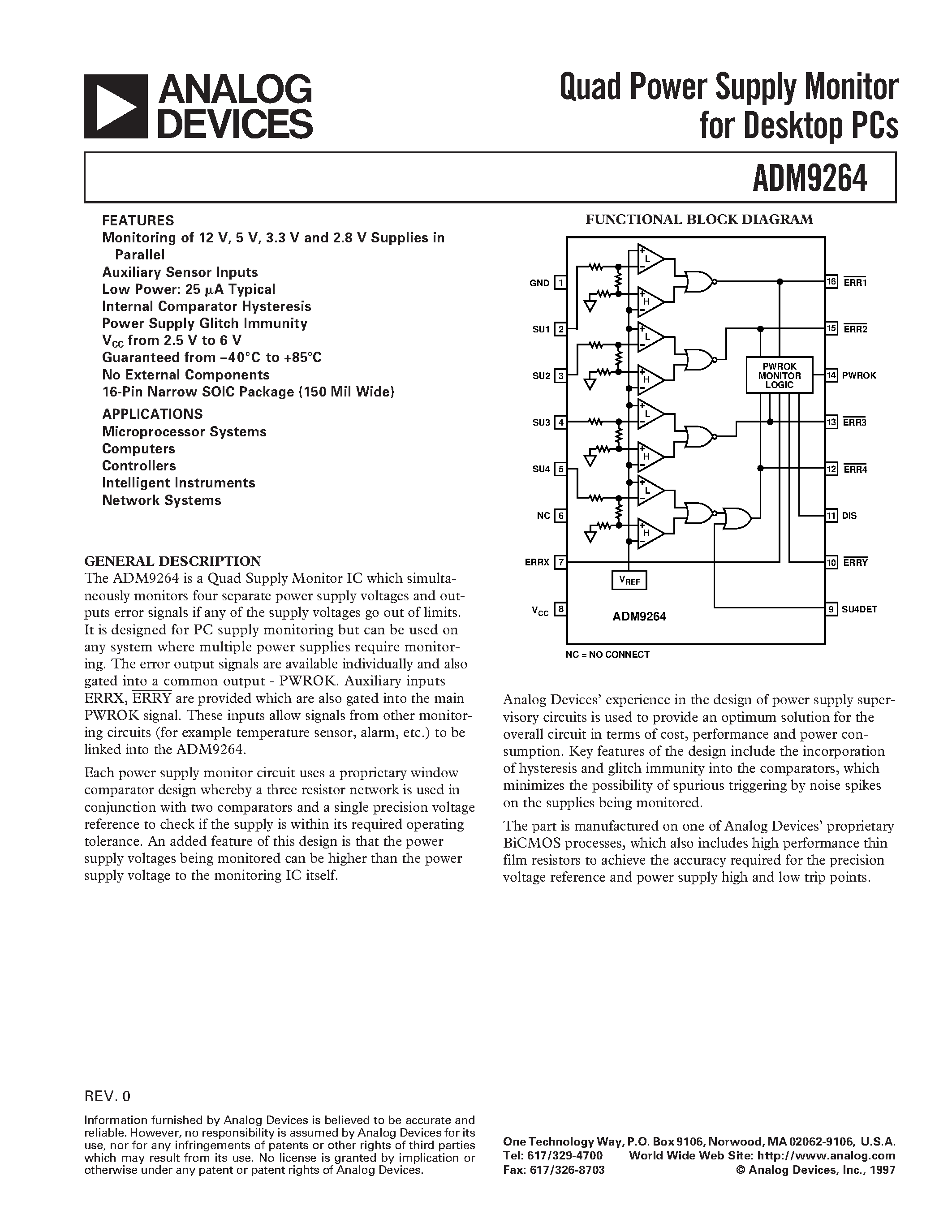 Datasheet ADM9264ARN-REEL7 page 1 Datasheet ADM9264ARN-REEL7 - Quad Power Supply Monitor for Desktop PCs page 1