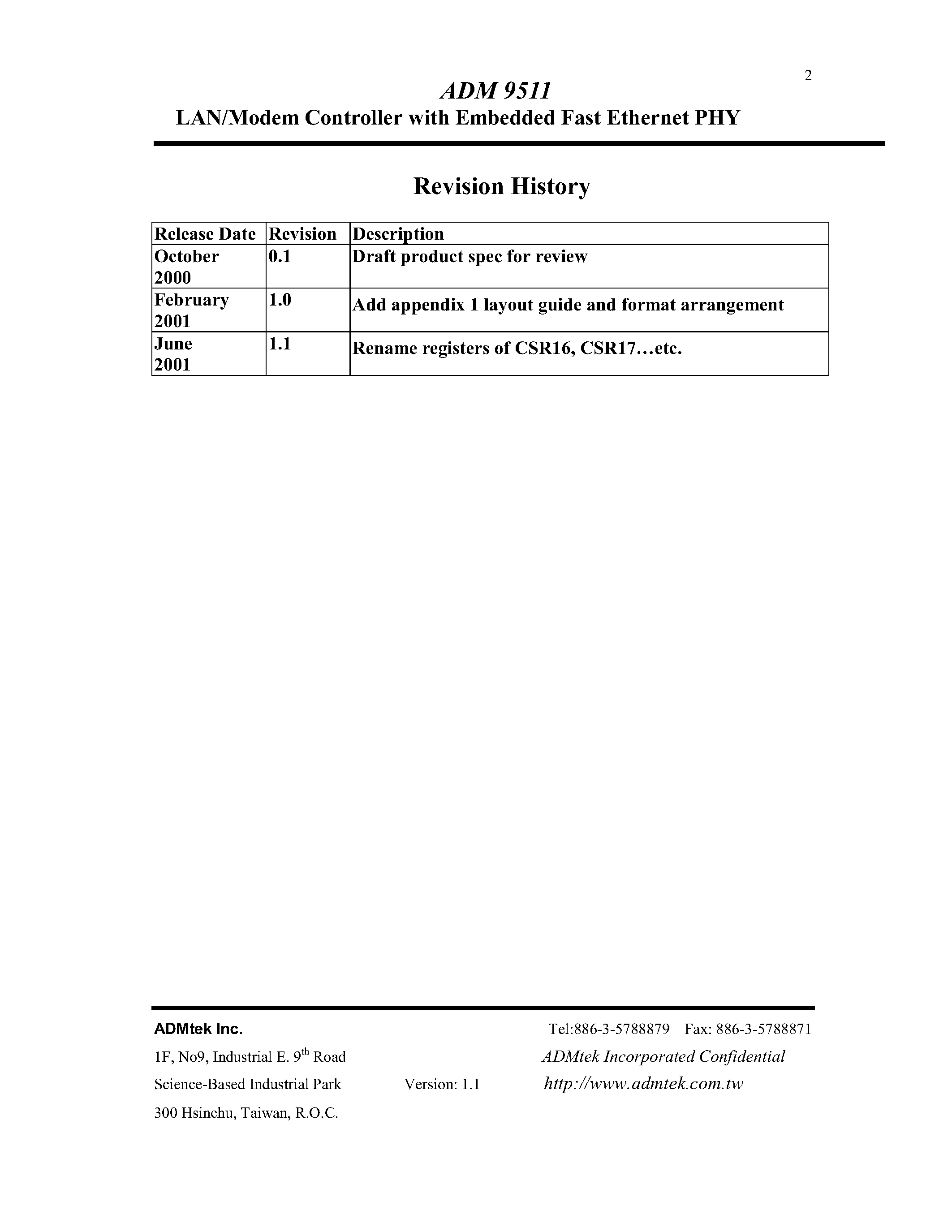 Datasheet ADM9511 page 2 Datasheet ADM9511 - LAN/Modem Controller with Embedded Fast Ethernet PHY page 2
