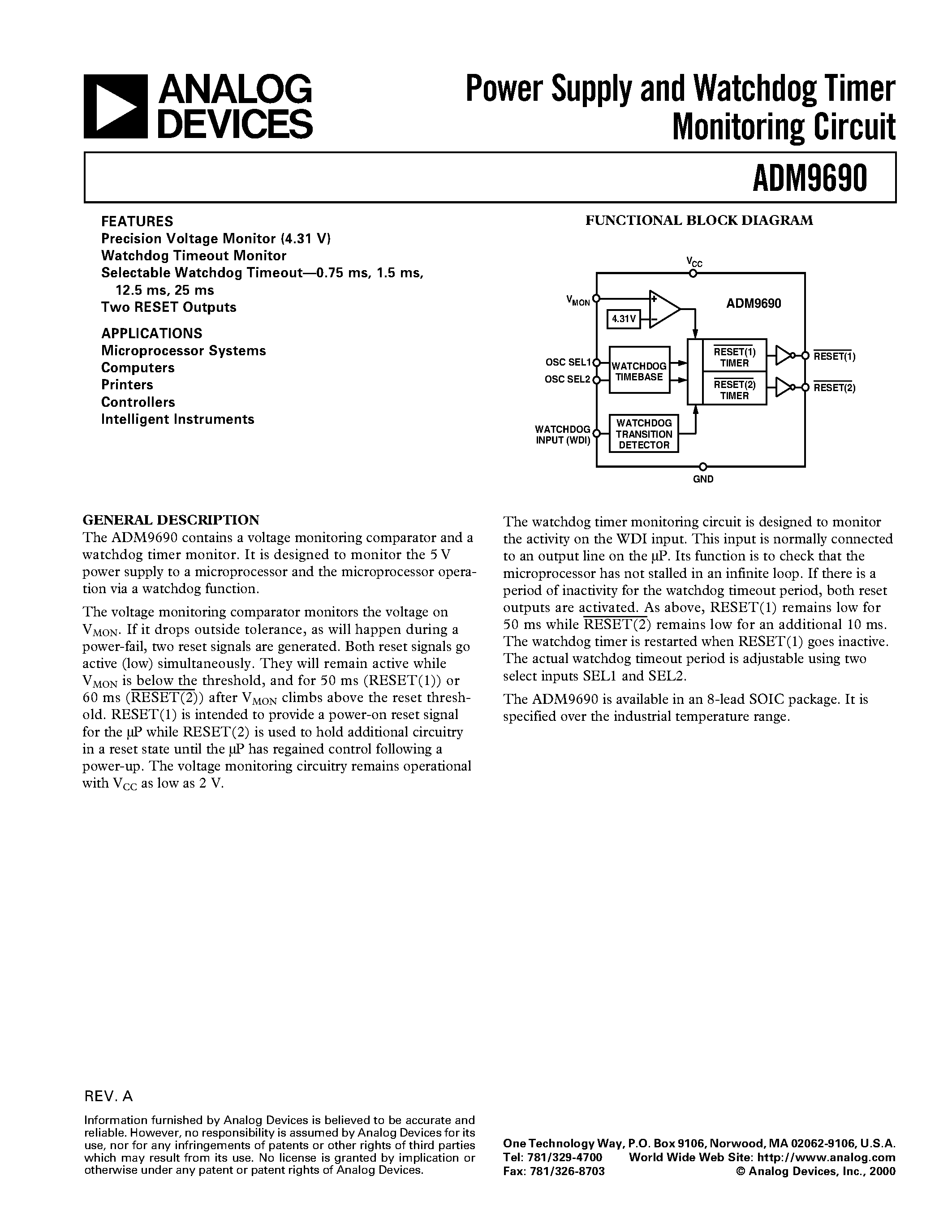 Datasheet ADM9690AR page 1 Datasheet ADM9690AR - Power Supply and Watchdog Timer Monitoring Circuit page 1