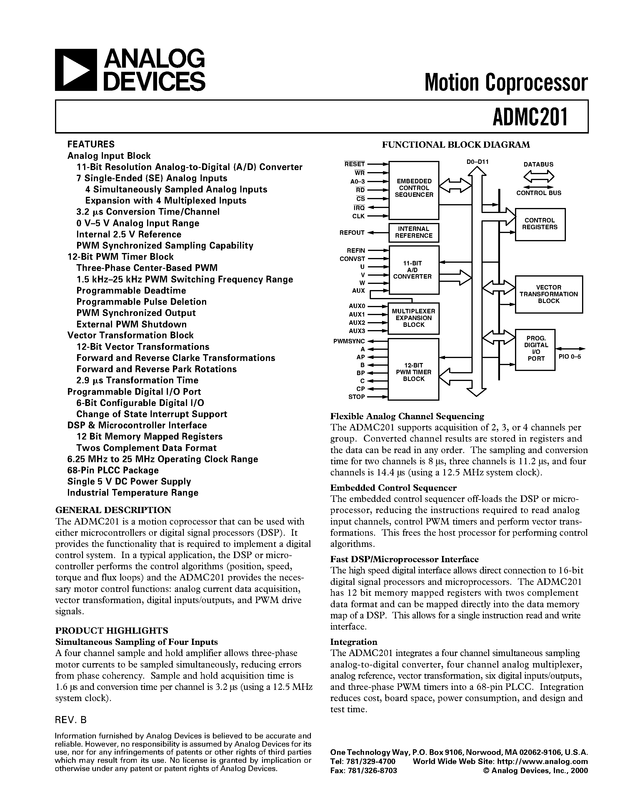 Datasheet ADMC201 page 1 Datasheet ADMC201 - Motion Coprocessor page 1