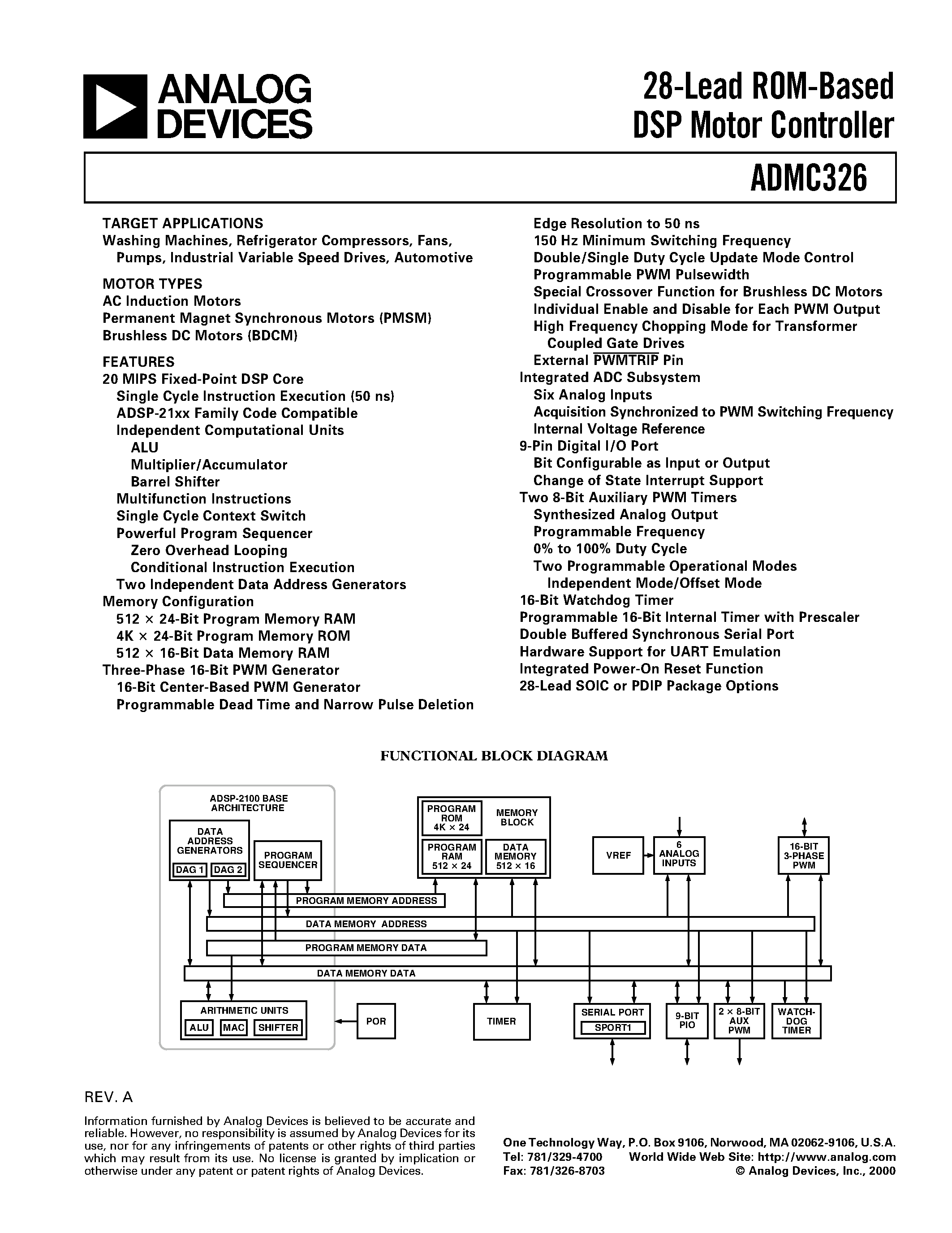 Datasheet ADMC326TR page 1 Datasheet ADMC326TR - 28-Lead ROM-Based DSP Motor Controller page 1