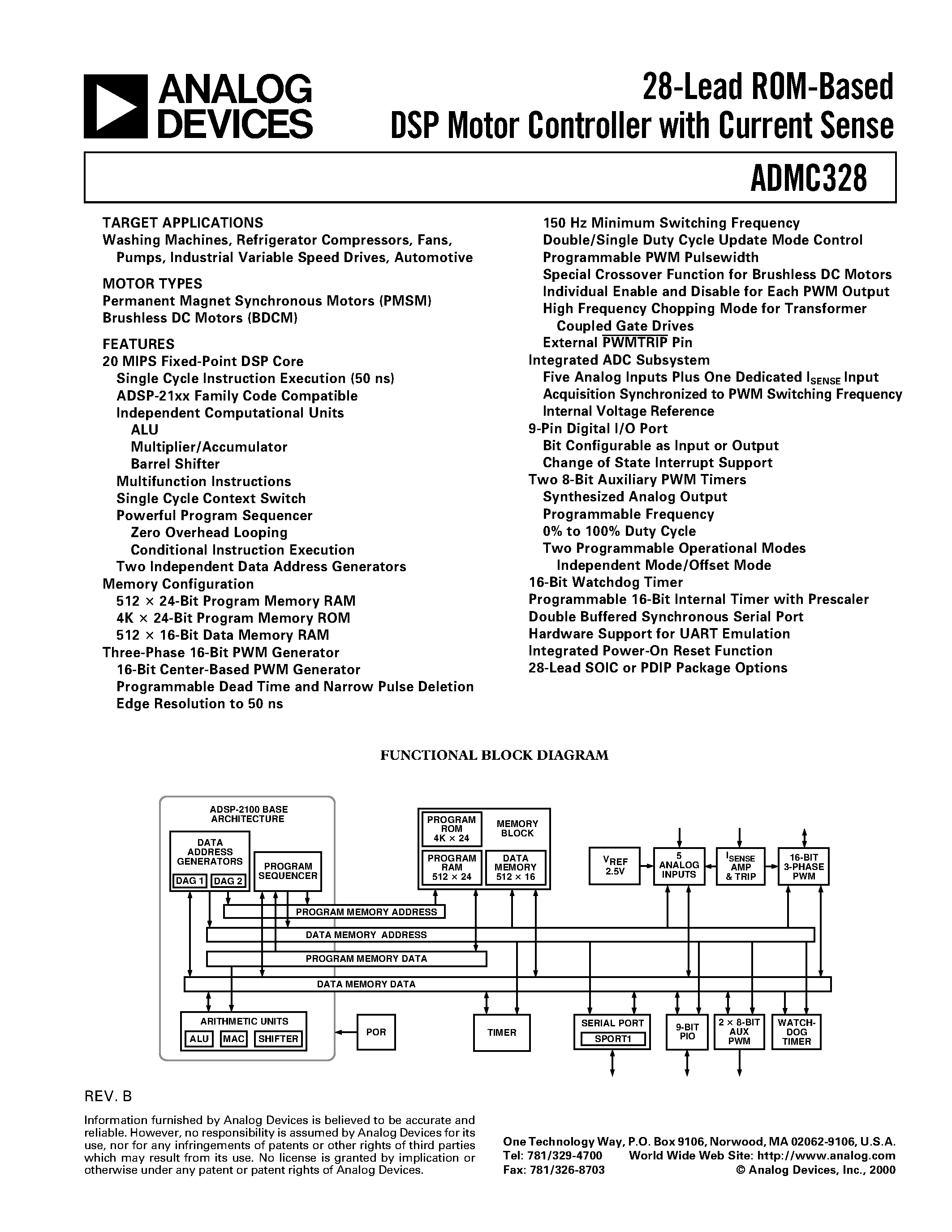 Datasheet ADMC328YN-xxx-yy - 28-Lead ROM-Based DSP Motor Controller with Current Sense page 1