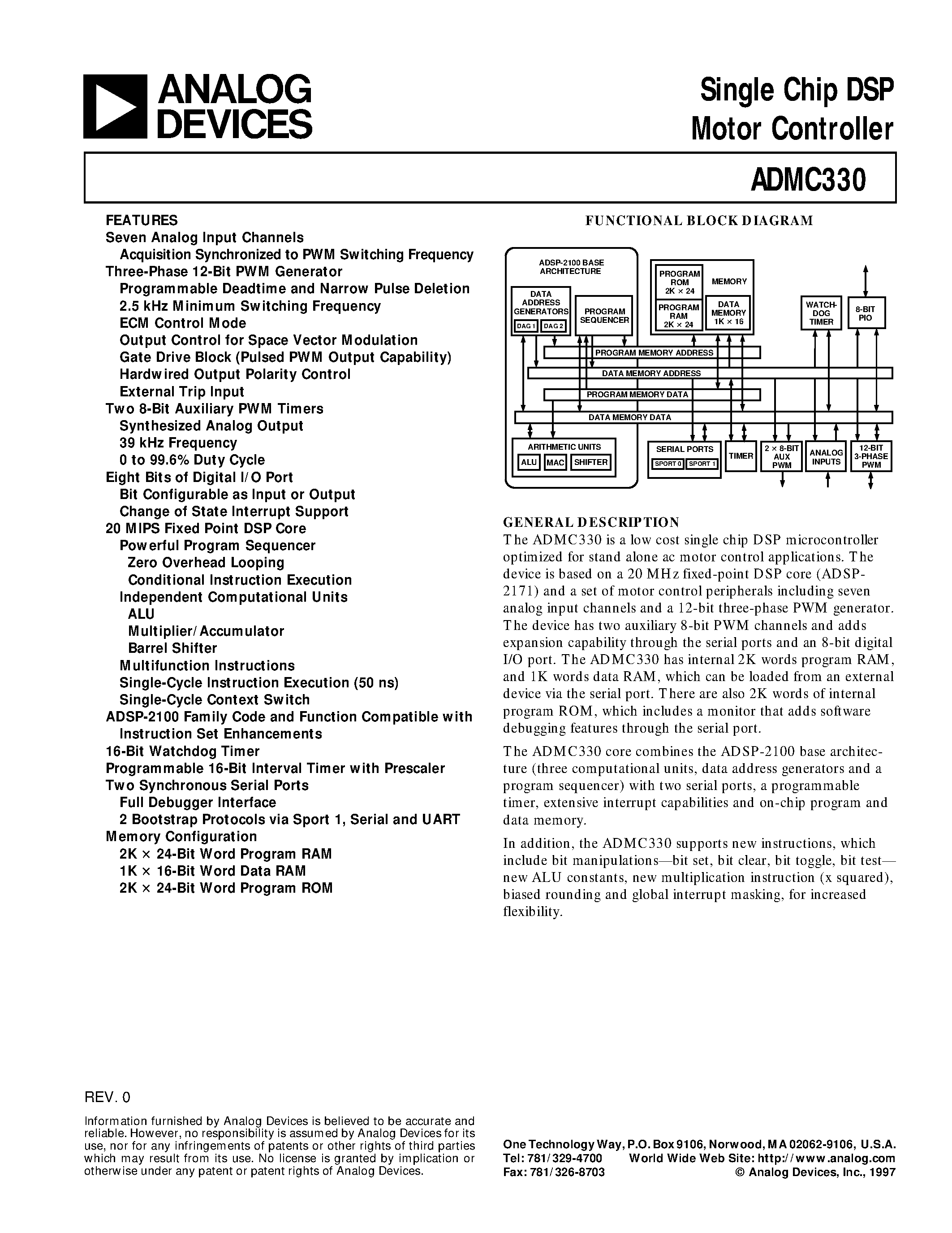 Datasheet ADMC330 - Single Chip DSP Motor Controller page 1