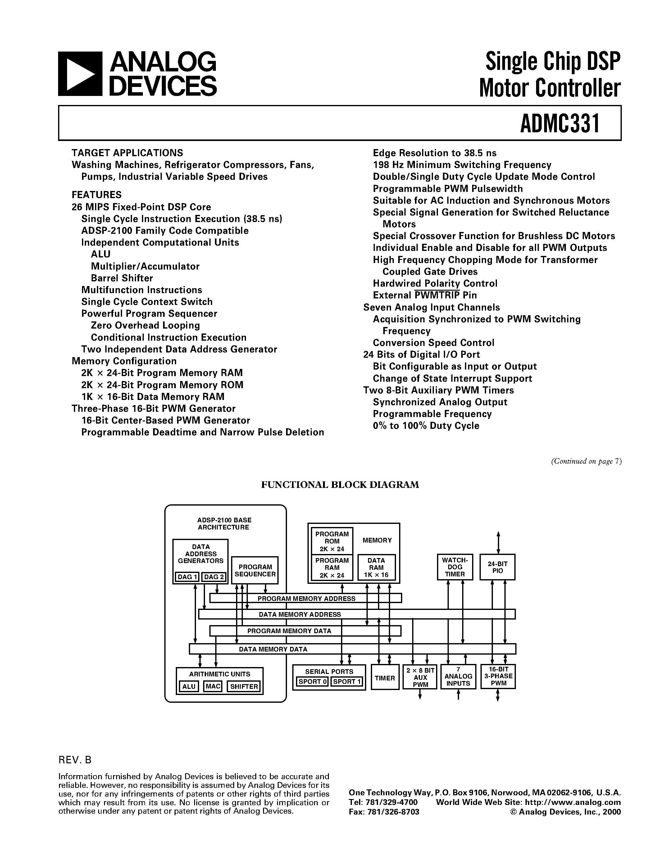 Datasheet ADMC331-PB page 1 Datasheet ADMC331-PB - Single Chip DSP Motor Controller page 1