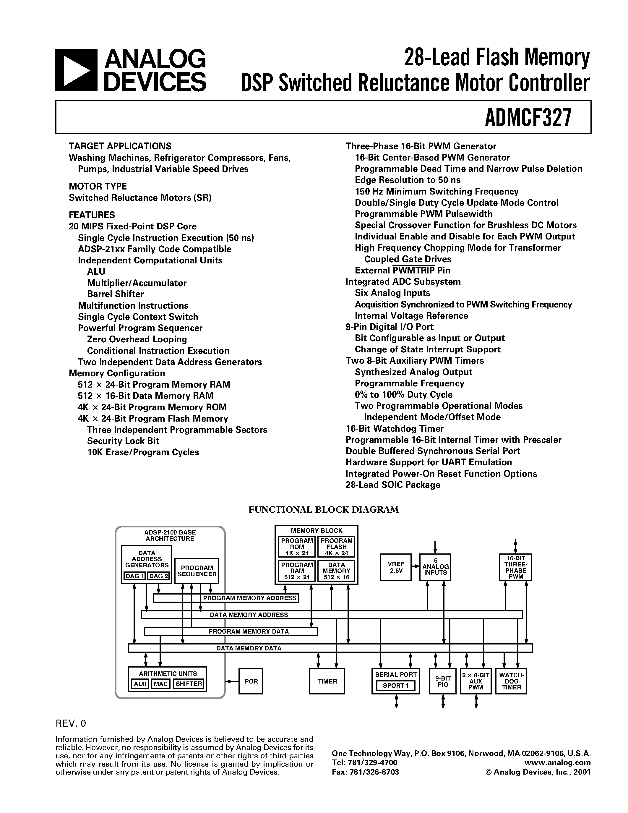 Datasheet ADMCF327 - 28-Lead Flash Memory DSP Switched Reluctance Motor Controller page 1