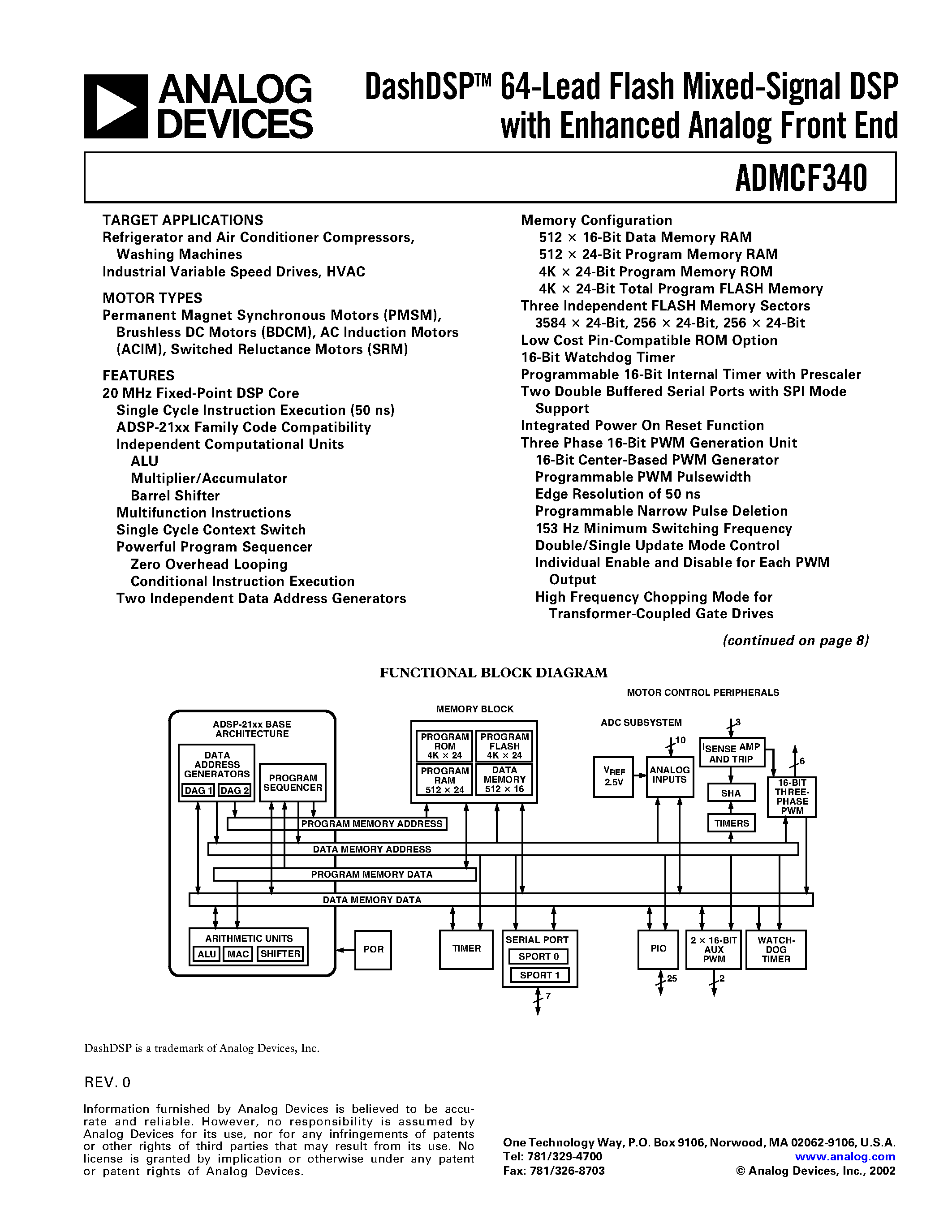 Datasheet ADMCF340BST - DashDSPTM 64-Lead Flash Mixed-Signal DSP with Enhanced Analog Front End page 1