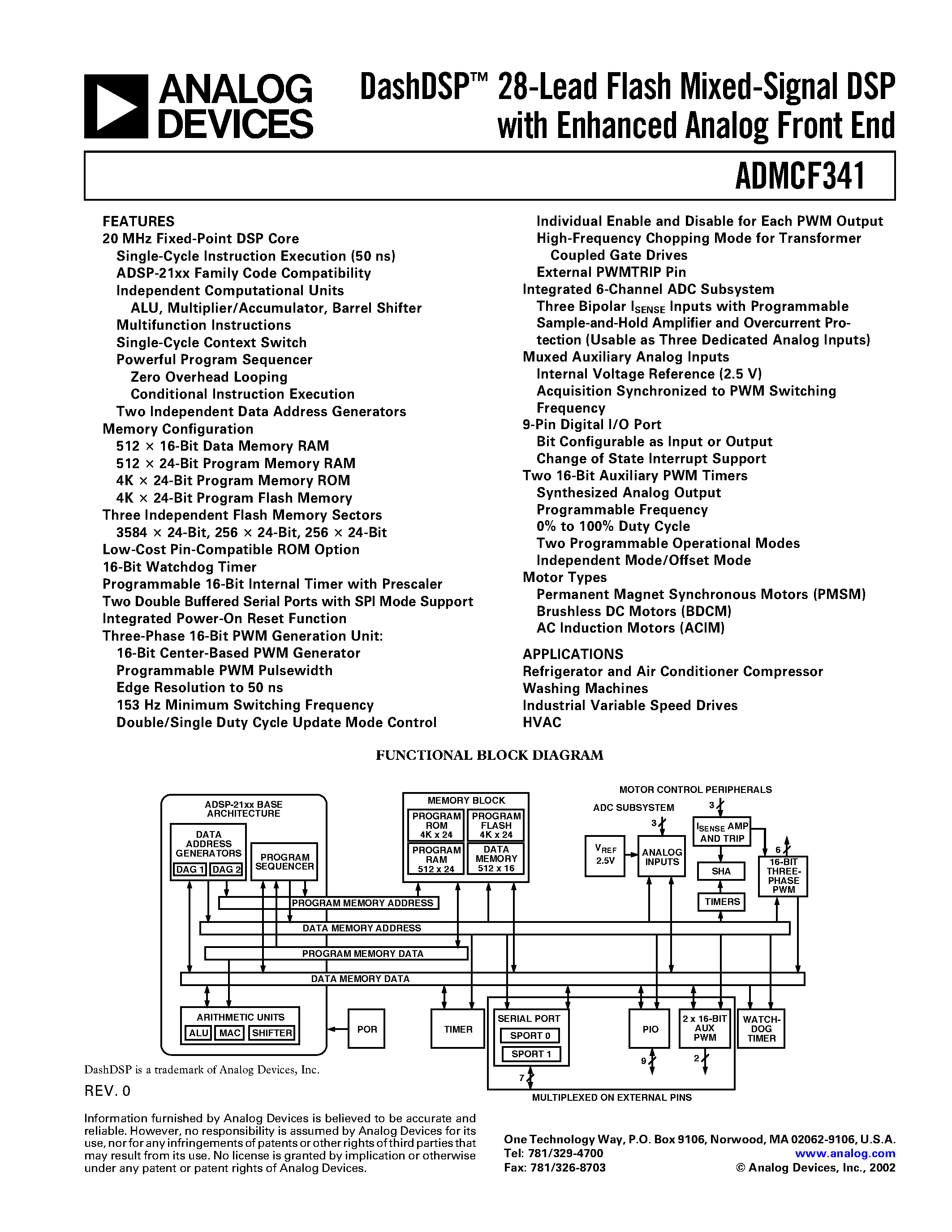 Datasheet ADMCF341-EVALKIT - DashDSP 28-Lead Flash Mixed-Signal DSP with Enhanced Analog Front End page 1