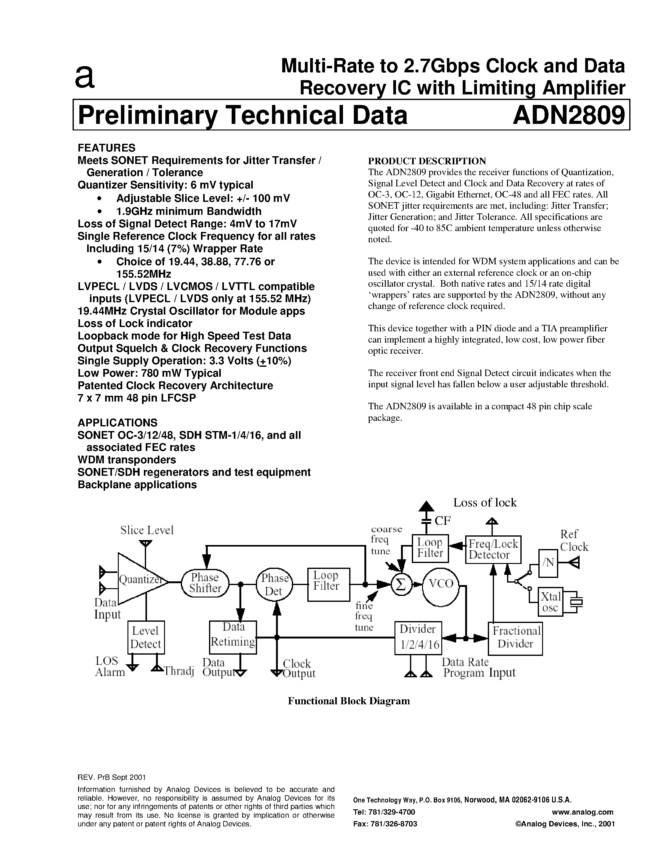 Даташит на микросхему ADN2809 страница 1 Даташит ADN2809 - Multi-Rate to 2.7Gbps Clock and Data Recovery IC with Limiting Amplifier страница 1