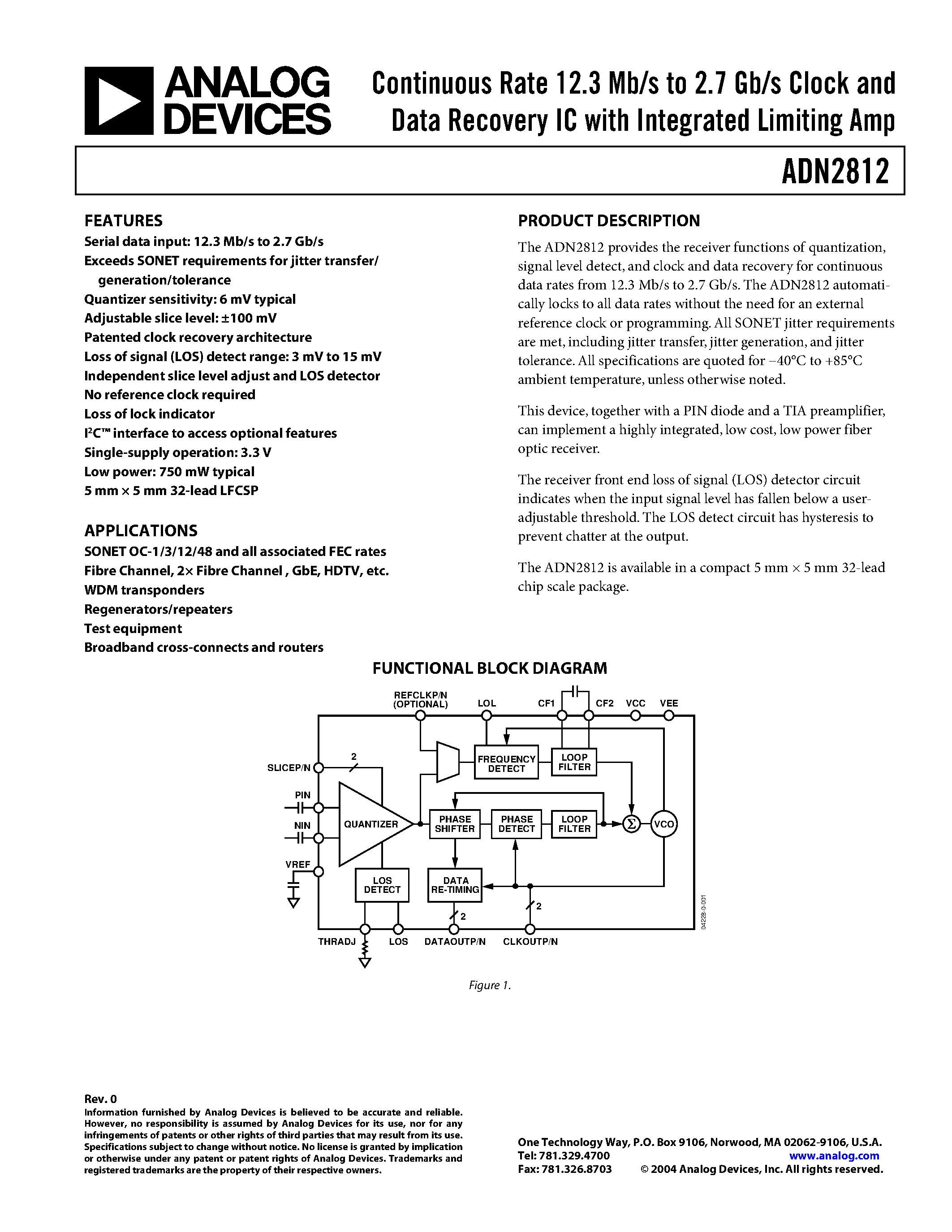 Datasheet ADN2812ACP-RL - Continuous Rate 12.3 Mb/s to 2.7 Gb/s Clock and Data Recovery IC with Integrated Limiting Amp page 1