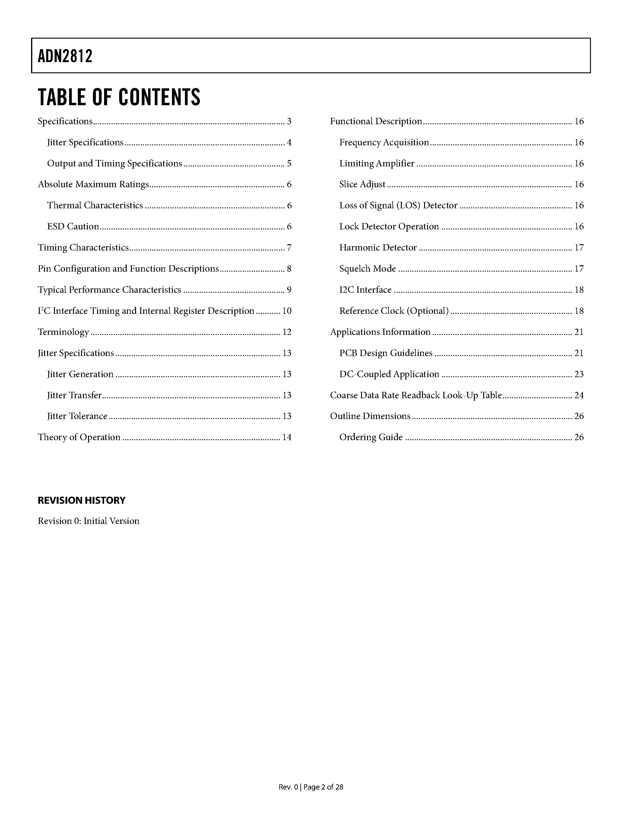 Datasheet ADN2812ACP-RL - Continuous Rate 12.3 Mb/s to 2.7 Gb/s Clock and Data Recovery IC with Integrated Limiting Amp page 2
