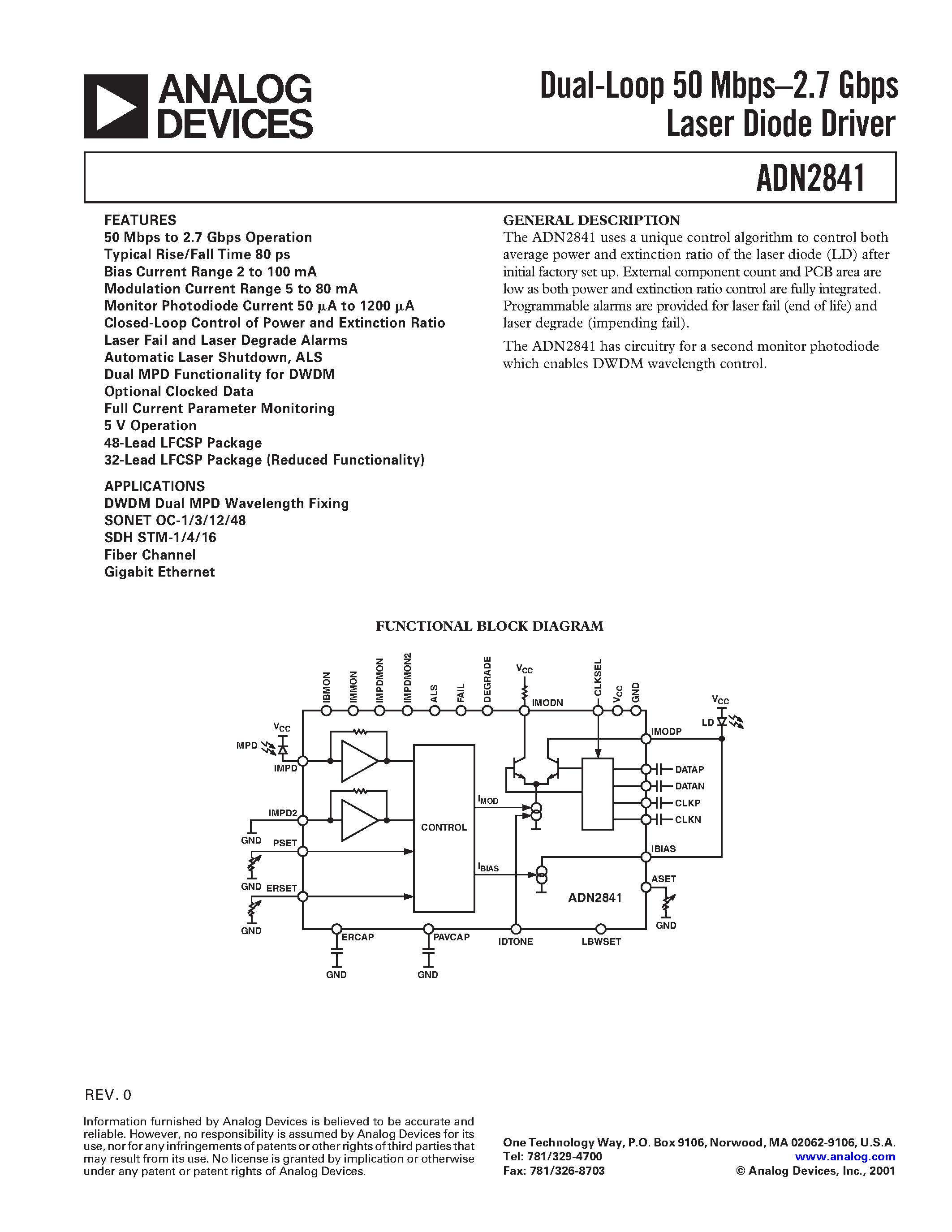 Datasheet ADN2841ACP-32-RL - Dual-Loop 50 Mbps.2.7 Gbps Laser Diode Driver page 1