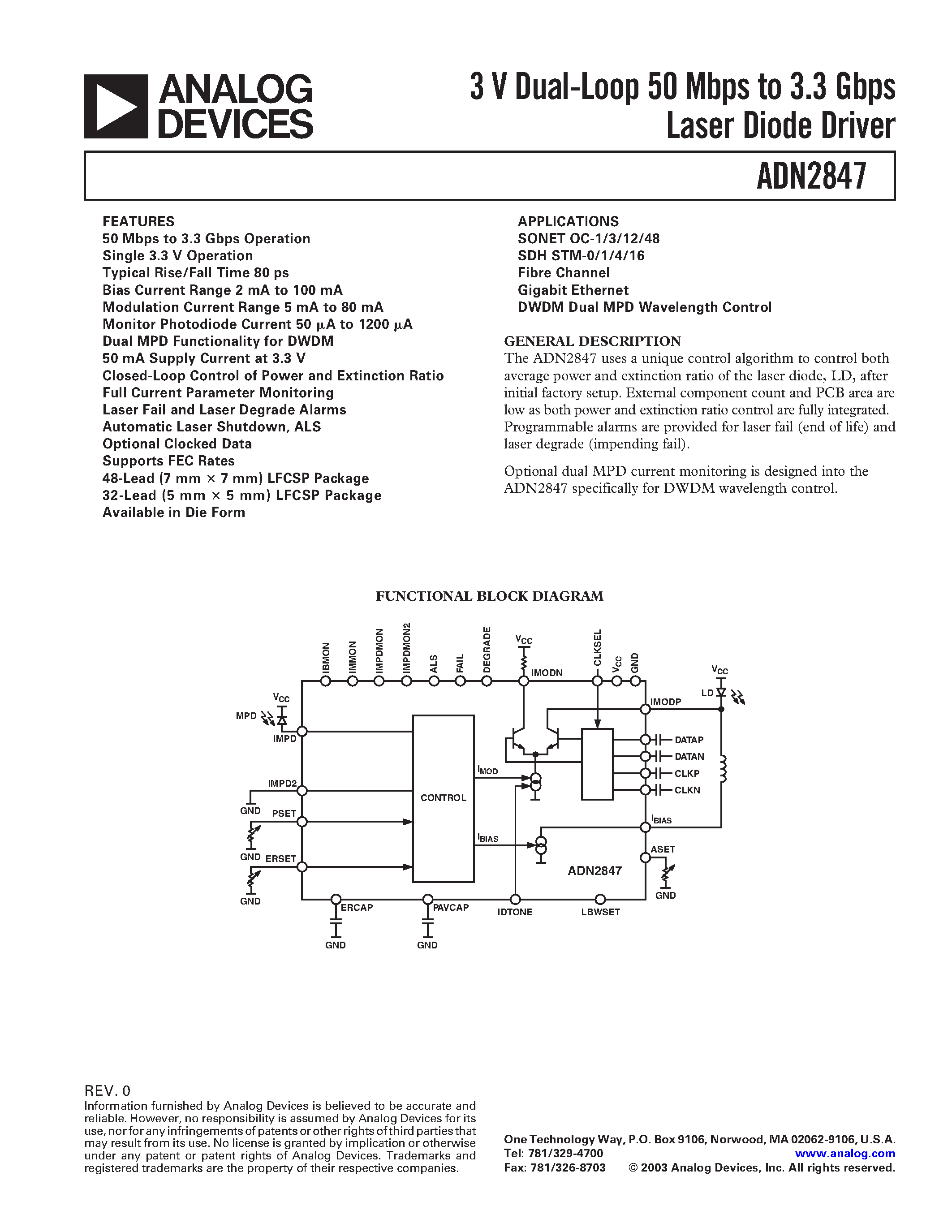 Datasheet ADN2847ACP-32 - 3 V Dual-Loop 50 Mbps to 3.3 Gbps Laser Diode Driver page 1